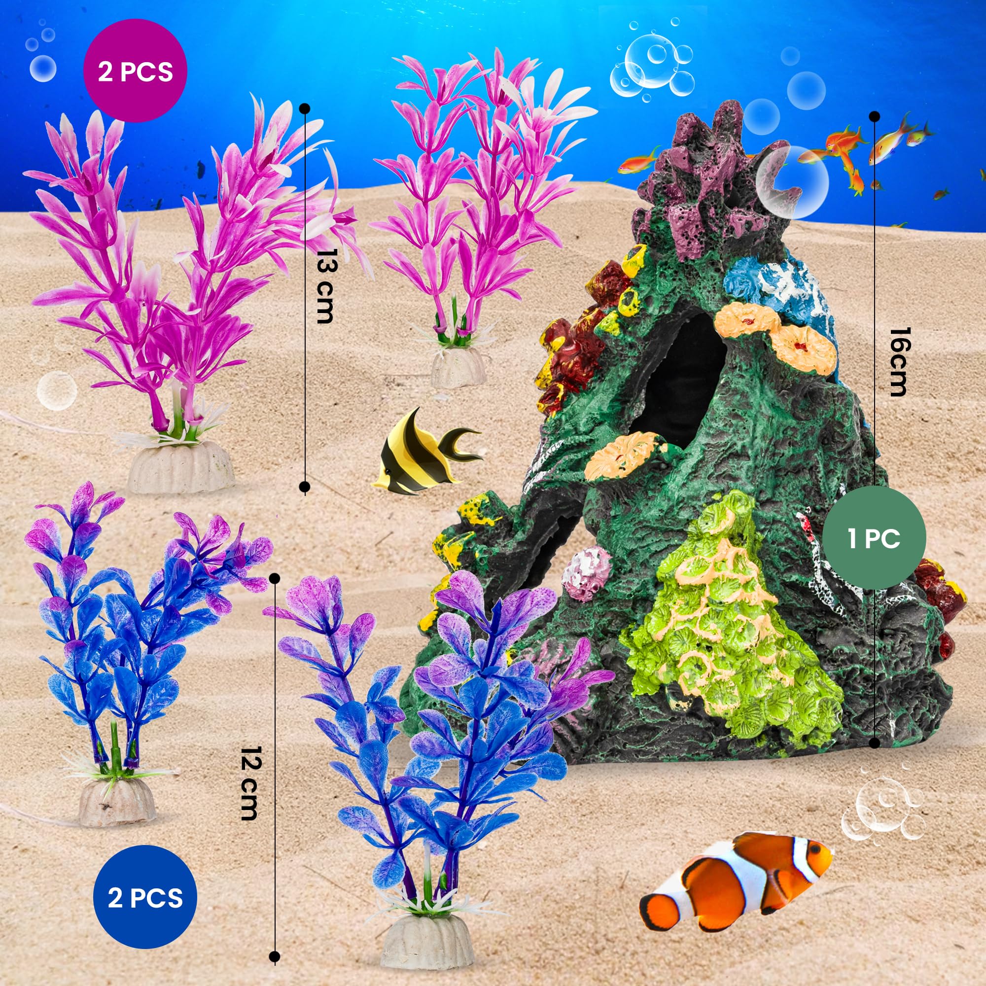 M PELOSA Fish Tank Accessories, Faux Coral Rock Formation and 4 Plastic Plants, Colourful, Non-Toxic, Safe for Fish - Image 2