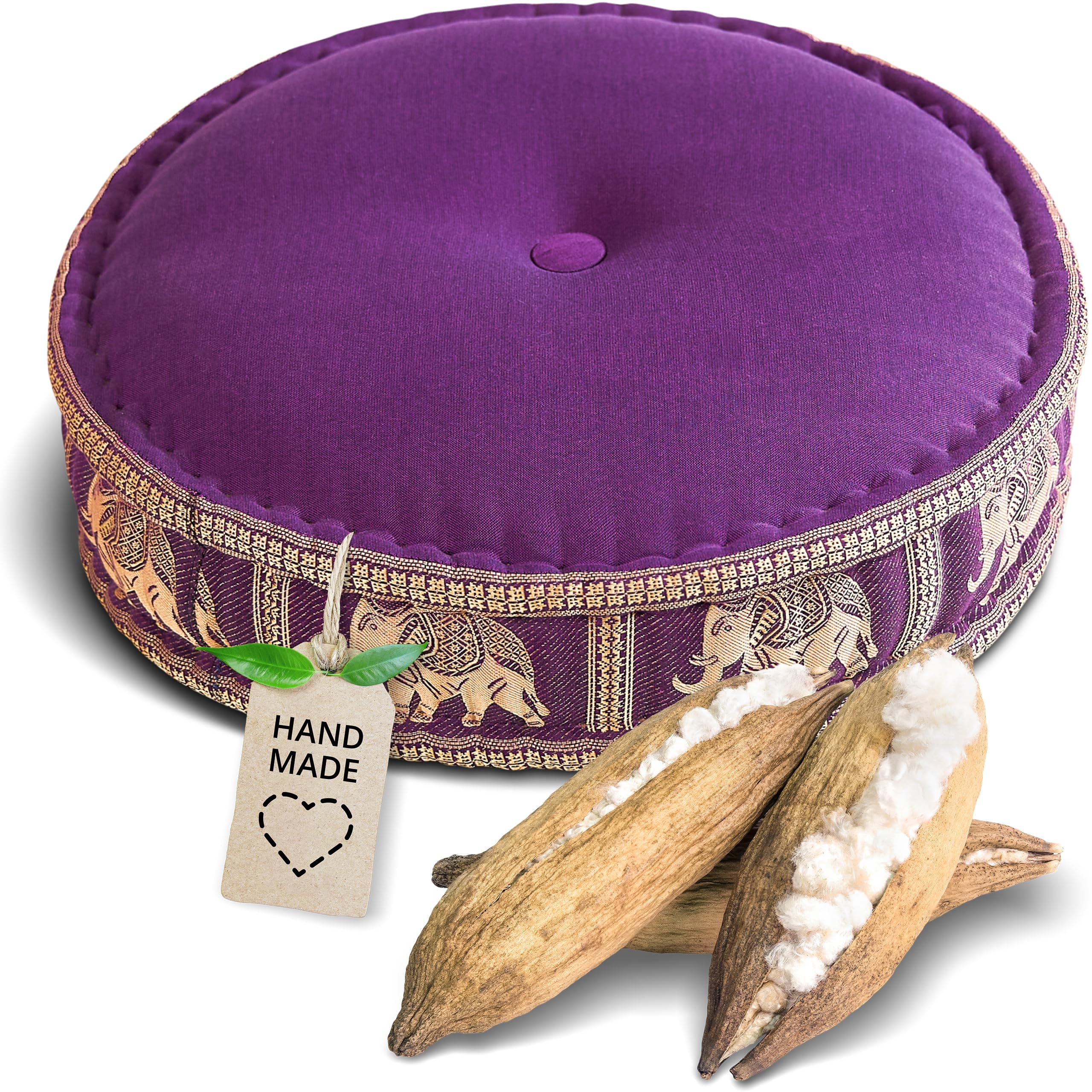 Livasia Purple/Elephants, Silk Meditation Cushion With Thai Silk - Ø 18X6″ - Yoga Cushion Kapok, Pouffe, Floor Cushion Yoga Zen Meditation, Seat Cushion Garden Balcony, Zafu ()