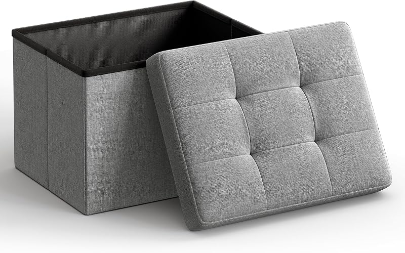 SONGMICS Colección Mazie - Otomana de Almacenamiento Plegable Pequeña, Taburete Reposapiés, 12.2 x 16.1 x 12.2 Pulgadas, Capacidad de Carga de 286 lb, para Sala de Estar, Dormitorio, Oficina en Casa, Dormitorio, Gris Claro ULSF102G02