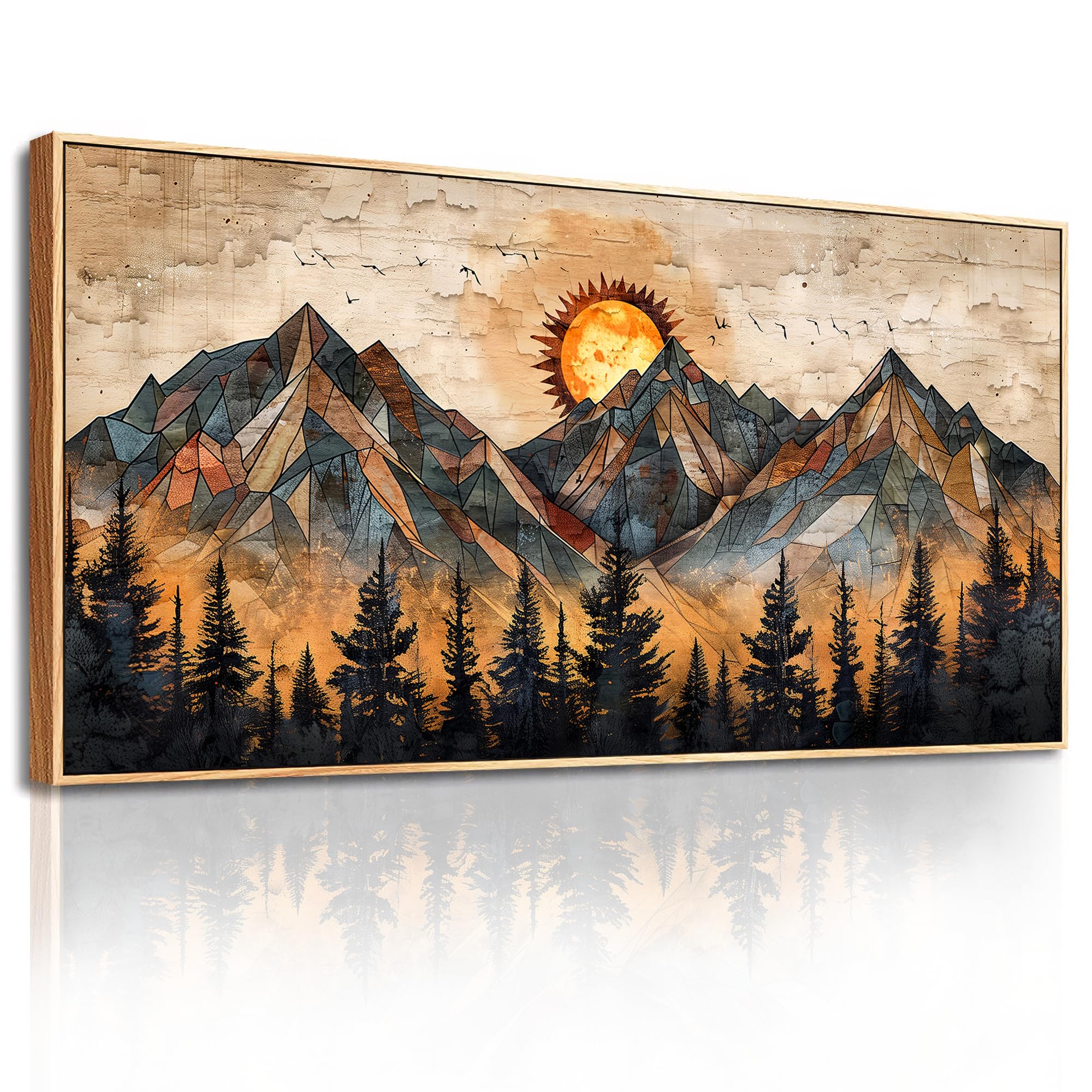 MHARTK66 Wooden Framed Canvas Wall Art for Living Room Large, 29"x57" XXL Golden Geometric Mountains Modern Bedroom Decor Aesthetic, Pictures Prints Wall Decorations for Office Bathroom Dining Room