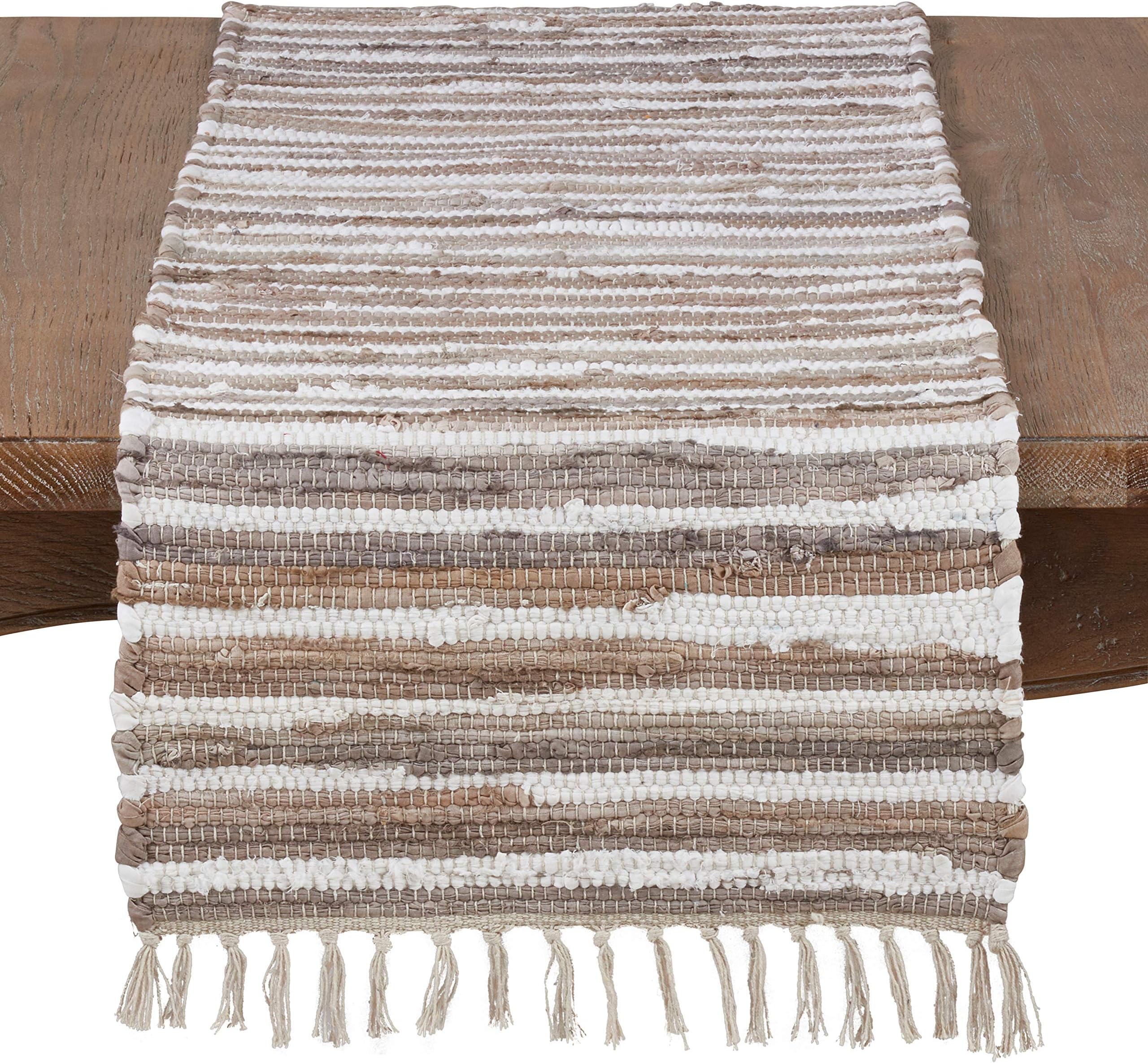 4877.N1672B Prakrti Chindi Collection Rustic Style Table Runner Design and Tassels, 16" x 72", Natural