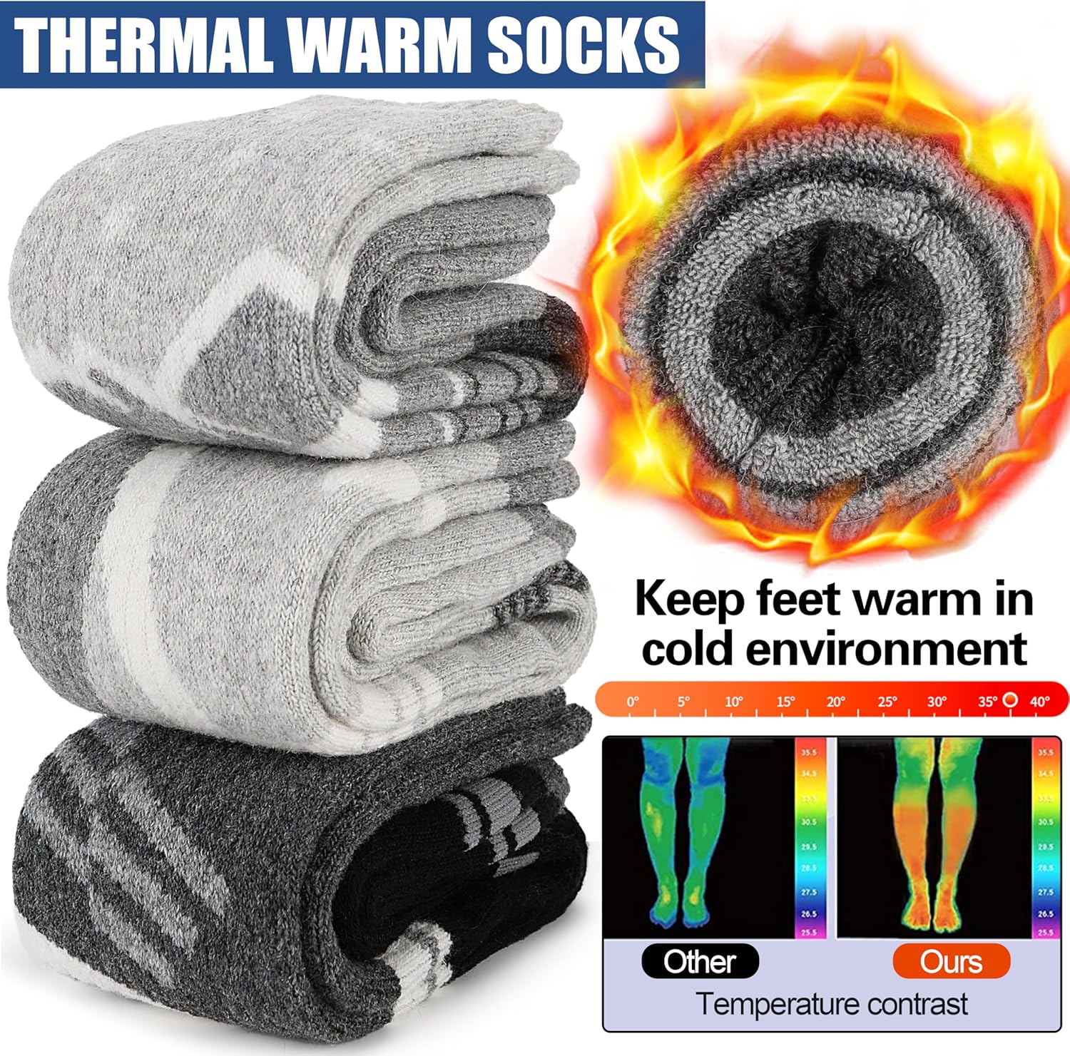 3 Pairs Merino Wool Ski Socks Thermal Warm Winter Thick Knee High Snowboarding Skiing Socks for Women Men