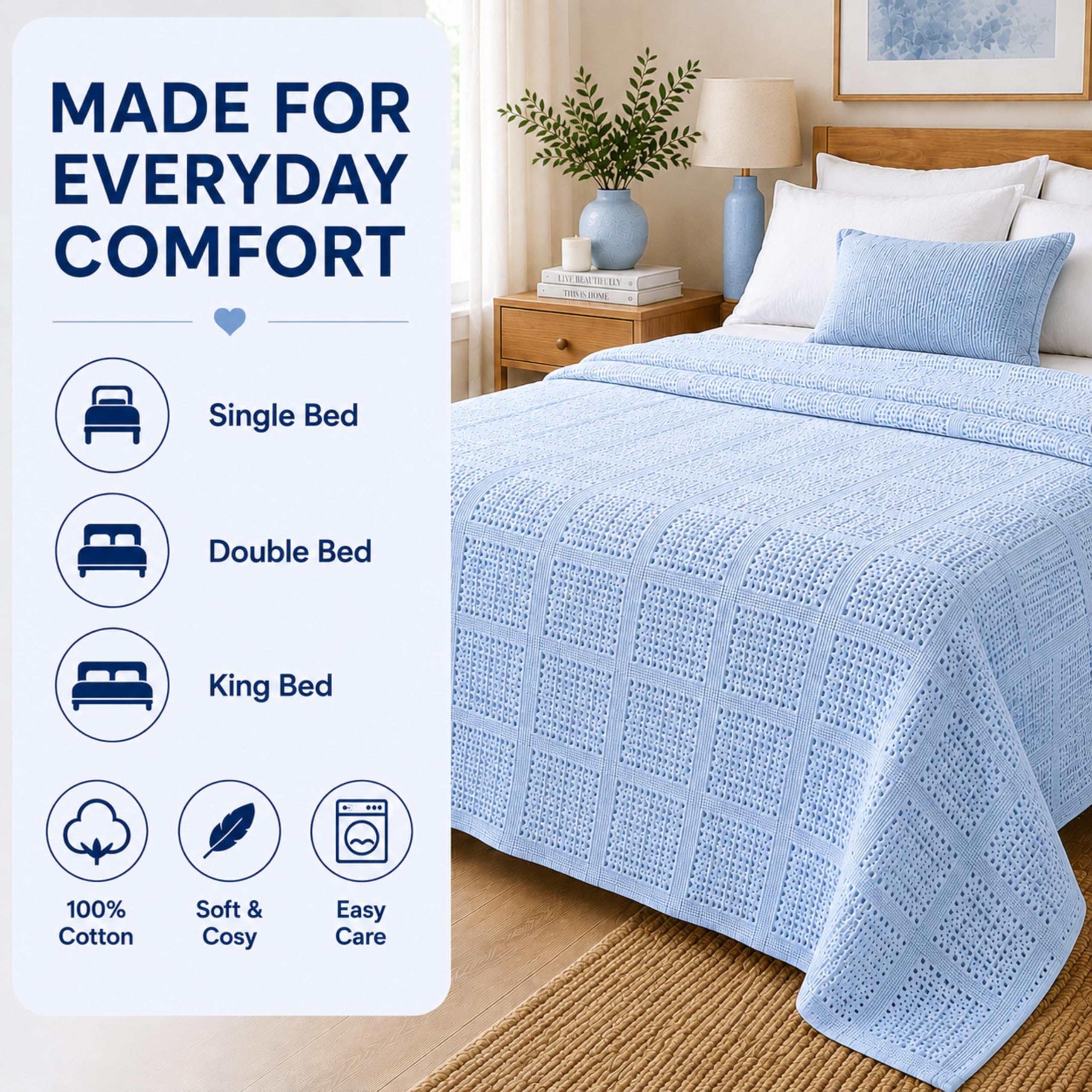 Family Bedding Niebieski koc komórkowy w rozmiarze king size, dla dorosłych, bawełna, duży koc na łóżko, dwustronny, lekki, termiczny, miękki, tradycyjny koc komórkowy (230 x 260 cm)