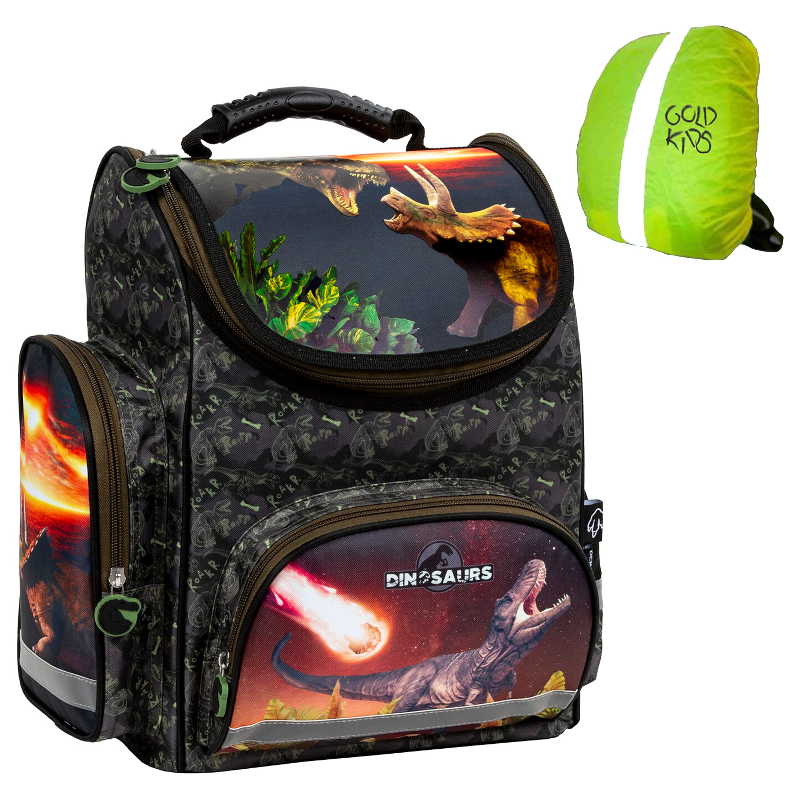 Goldkids Schulranzen Ranzen Tornister mit Dinosaurier Dino Motiv für Jungen Mädchen. Geeignet ab der 1. Klasse der Grundschule ink. Regenschutz