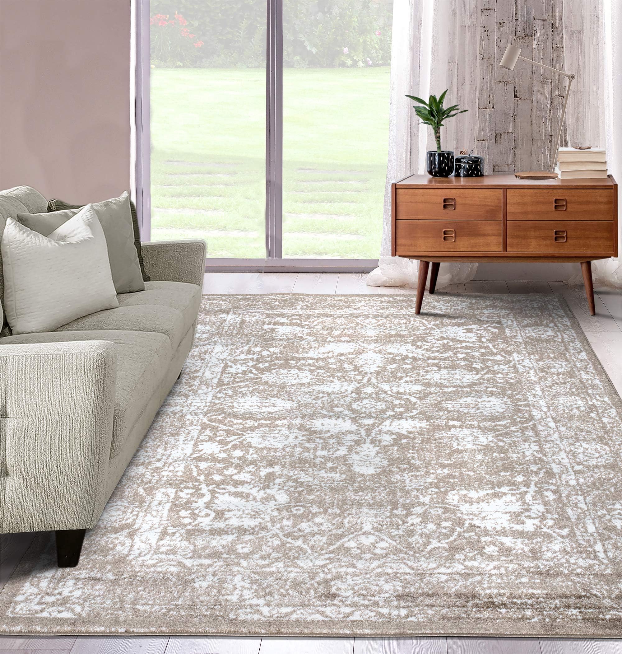 A2Z Rug|Santorini 6076 Beige Overdyed Style Floral Pattern With Border|Kitchen Hallway Traditional Area Runner Rug|Soft Short Medium Pile|60x230cm-1'12" x7'7 ft Long Carpet