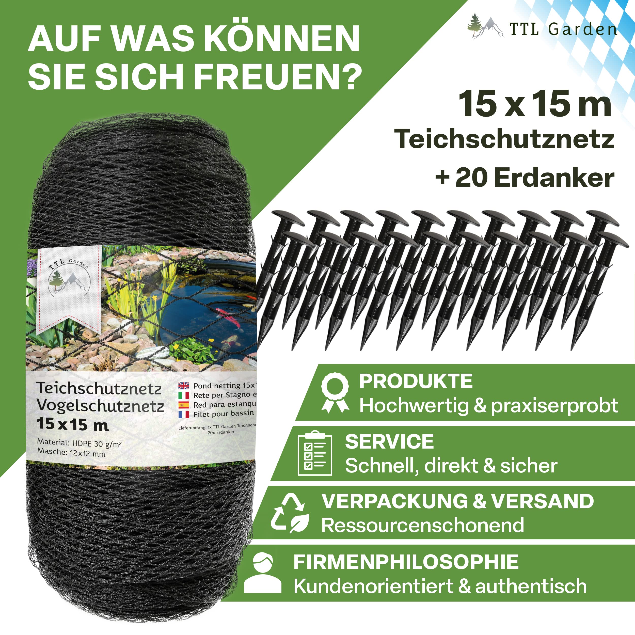 TTL Garden Red de protección para pájaros de 15 x 15 m, color negro, 30 g/m² – 12 x 12 mm, malla estrecha de polietileno de alta densidad de polietileno de alta densidad, red para árboles frutales,