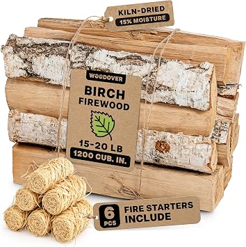 WOODOVER 15" Birch Firewood Logs with Fire Starters Set 1200 cub. in, 1520 lb | Kiln-Dried & Seasoned Hardwood for Fire Pit, Fireplace | Bright Flames & Pleasant Aroma for Cozy Atmosphere