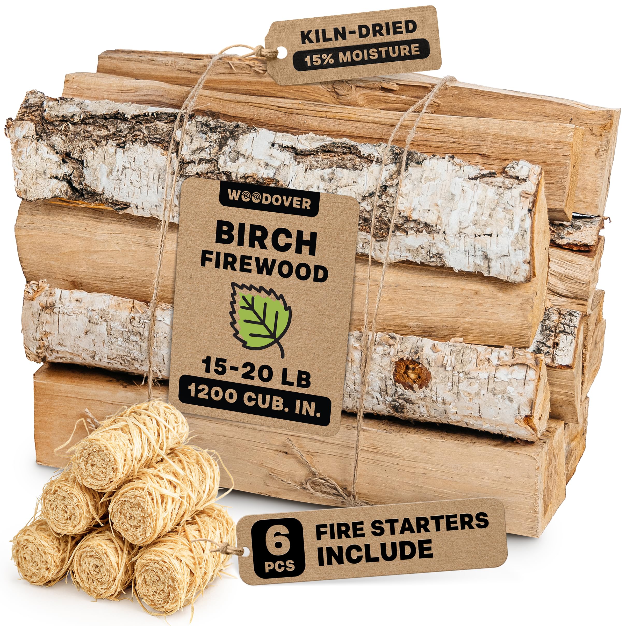 15" Birch Firewood Logs with Fire Starters Set – 1200 cub. in, 15–20 lb | Kiln-Dried & Seasoned Hardwood for Fire Pit, Fireplace | Bright Flames &