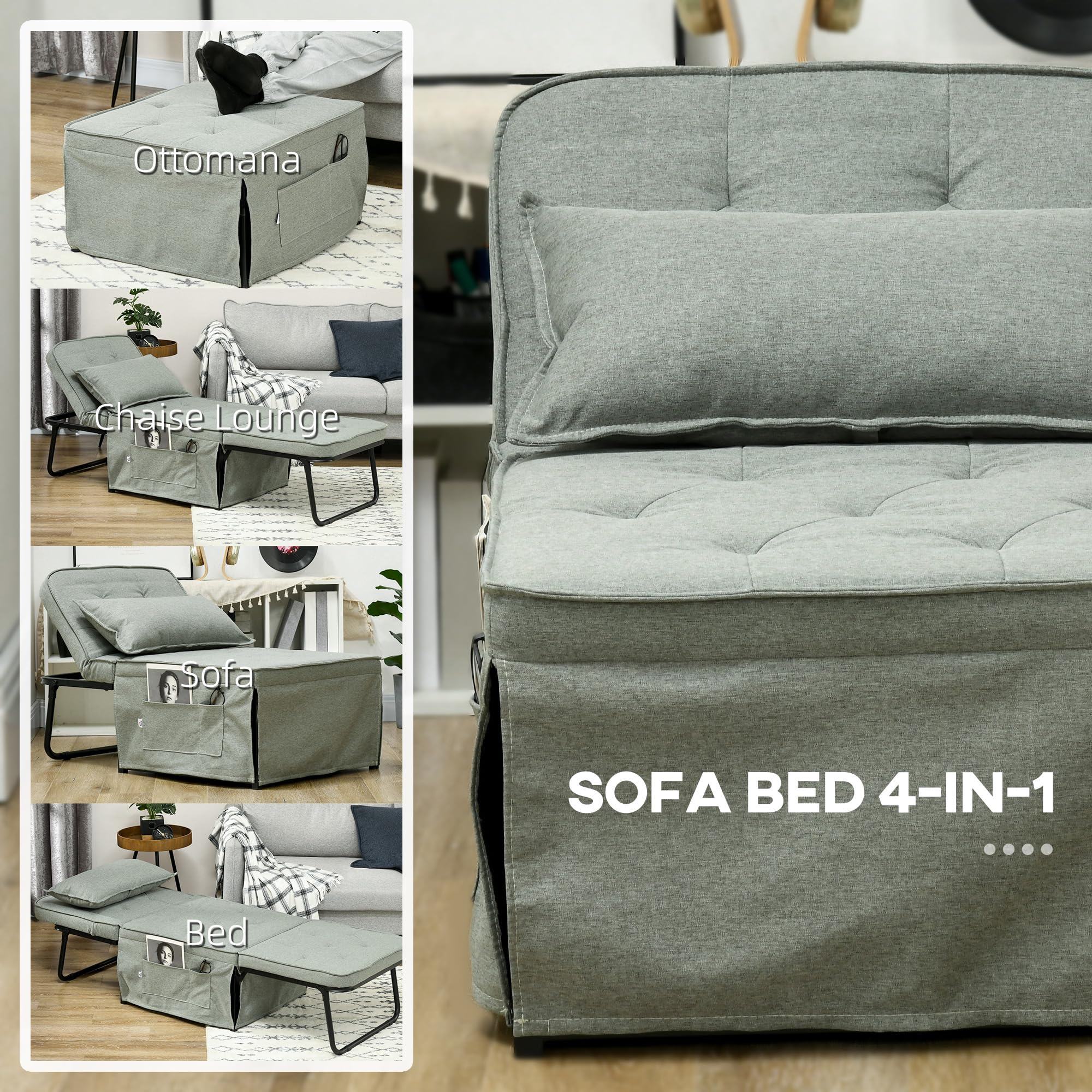 HOMCOM Poltrona trasformabile 4 in 1 con schienale reclinabile in 5 posizioni, cuscino e tasca portaoggetti - 180 x 64 x 40 cm - grigio chiaro