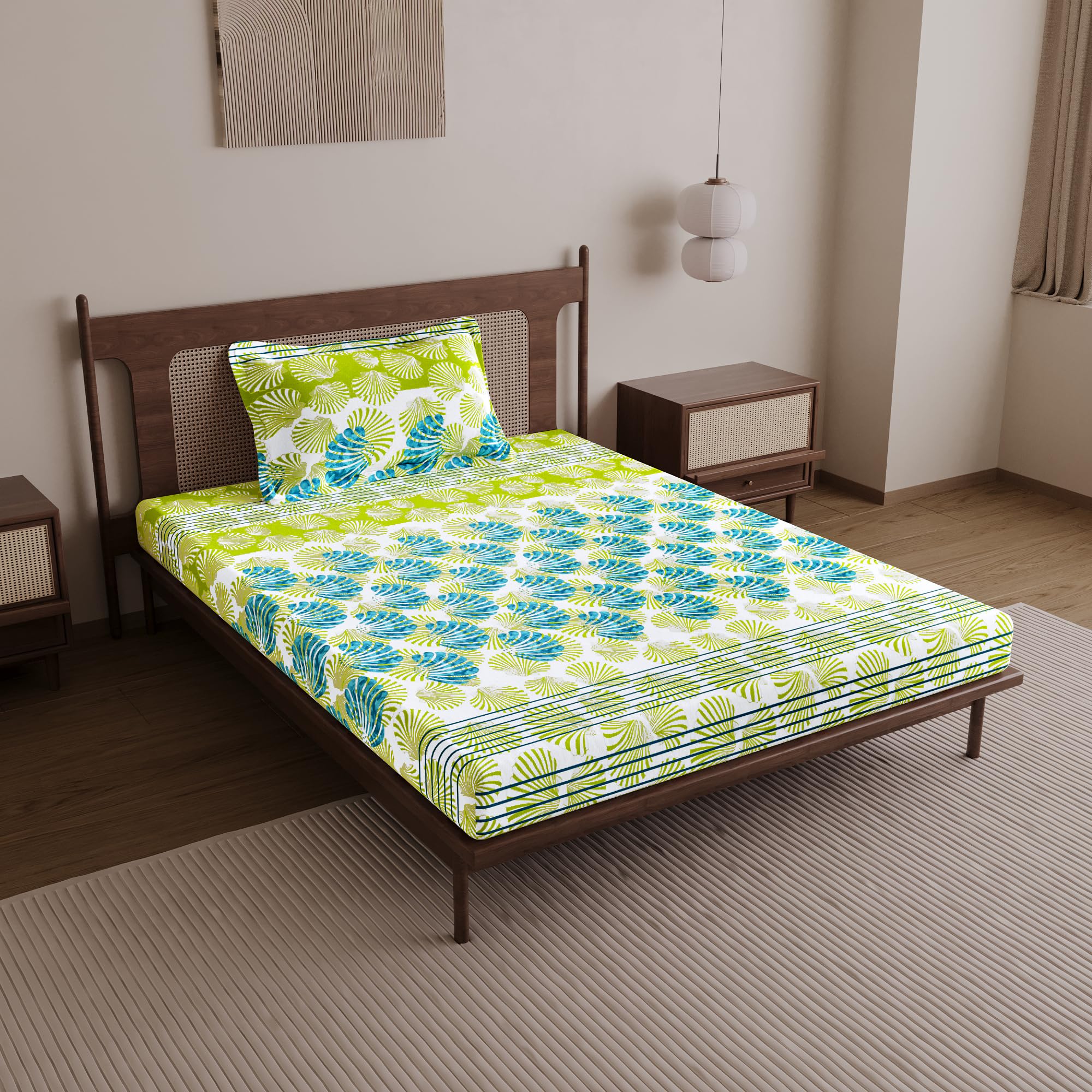Divine Casa 144 TC 100% Cotton Single Bedsheet with 1 Pillow Cover | Soft Breathable Wrinkle Resistant Bedding Set | Modern Printed Bed Sheet for Bedroom | 145 x 223 cm (Ocean Green, Geometric)