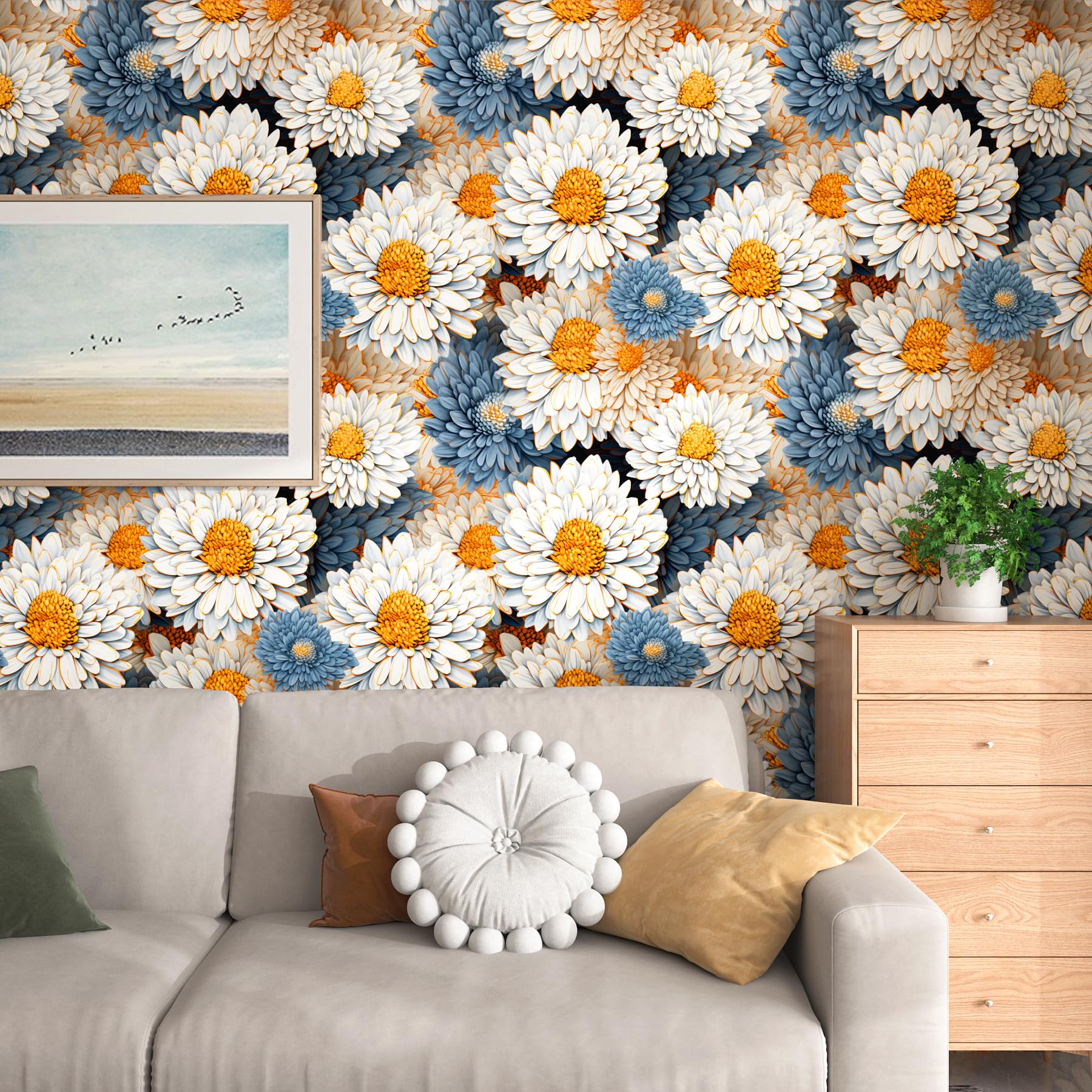 FunStick 44.5CMx9M Peel and Stick Wallpaper White Floral Kids Living Room Wallpaper Daisy Flowers Blue and White Vinyl Wrap for Kitchen Cupboards Vintage Floral Sticky Covering for Furniture Walls - Image 3