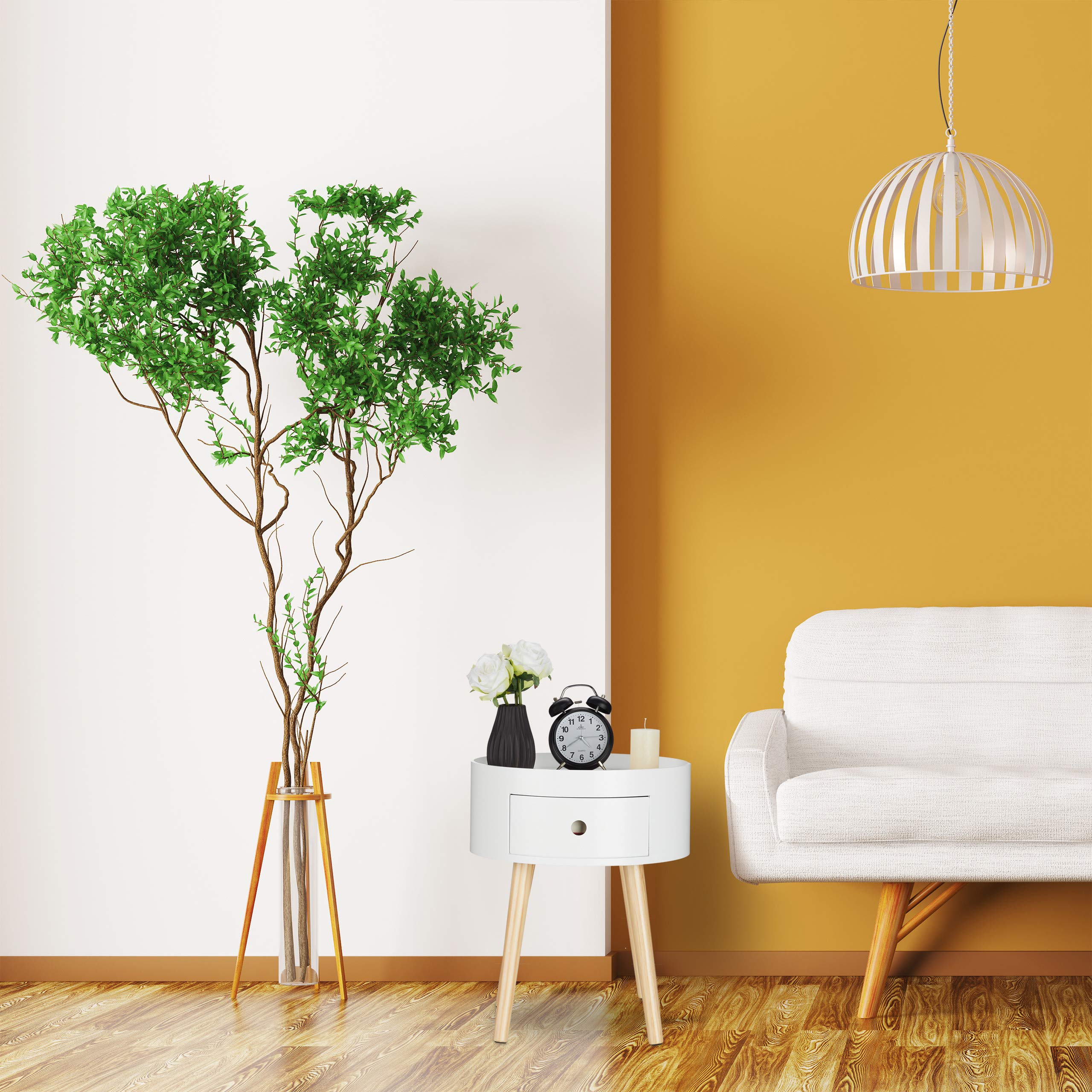 Relaxdays Table d’appoint Ronde, tiroir, Pieds en Bois, Design scandinave, Minimaliste, HxD 46 x 38 cm Blanc/Nature