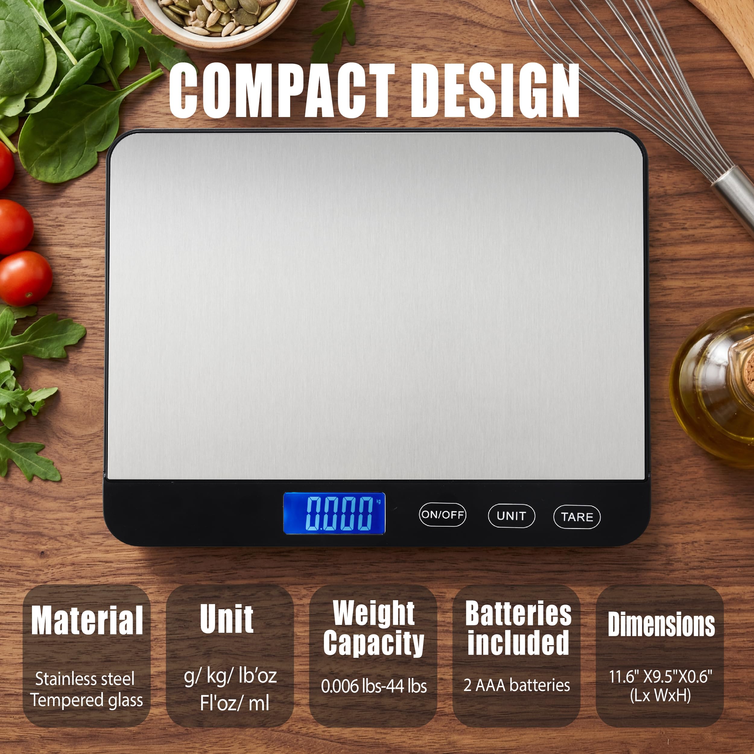 Bilancia da cucina digitale con piattaforma extra-large, 20 kg, alta precisione, acciaio inossidabile/vetro temperato, peso grammi e once per cucinare la preparazione dei pasti, 2 batterie
