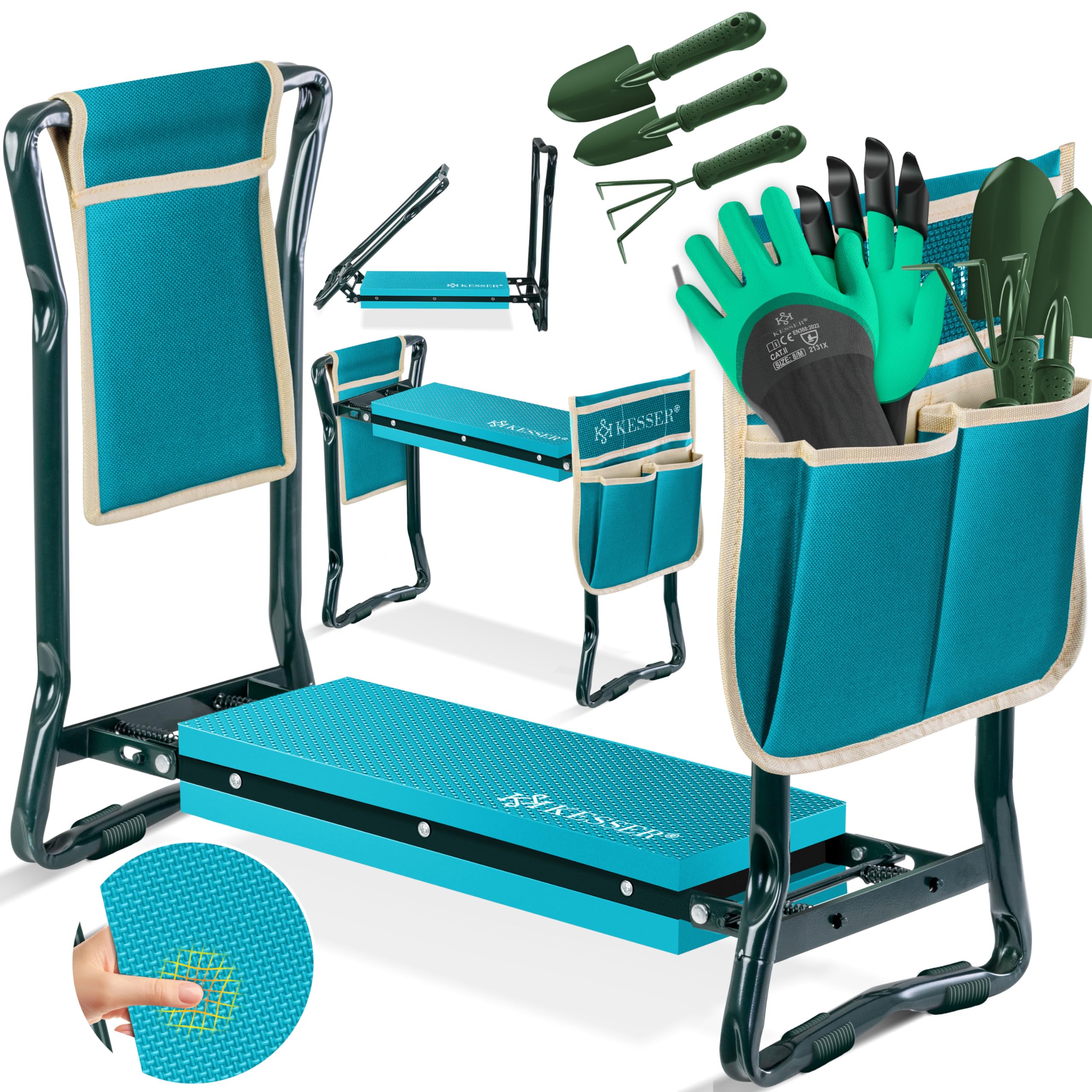 KESSER® 2 en 1 XXL - Banco para Rodillas para Trabajos de jardín, Acolchado de Espuma EVA, Plegable, Incluye 2 Bolsas de Herramientas, 60 x 50 x 27 cm, hasta 150 kg, Azul/Beige