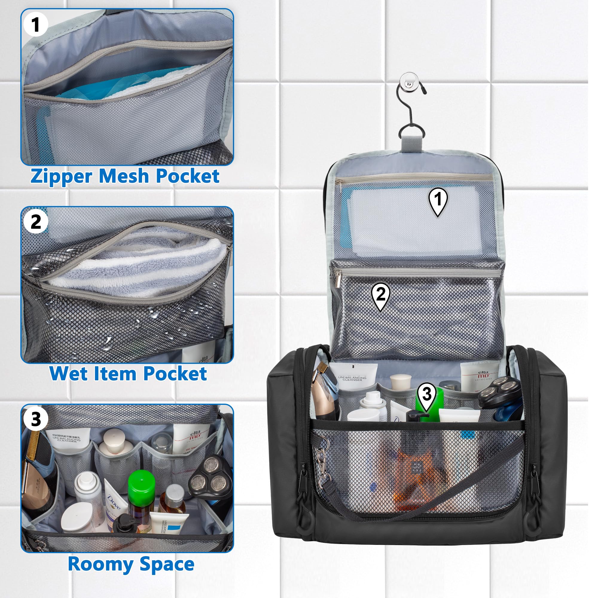 Beauty Case Tattico da Appendere per Campeggio, Nero | Beauty Case da Uomo, Gancio per Appenderlo, Tasca Separata per Asciugamano, Ampio Spazio Laterale