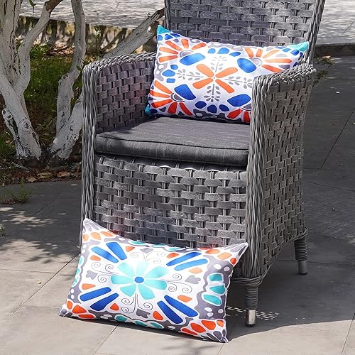 Miniatura 4 de ONWAY Juego de 4 fundas de almohada impermeables para exteriores de 12 x 20 pulgadas, diseño floral, bohemio, decorativas, para casa de campo, para