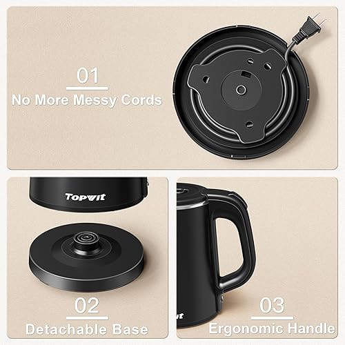 Miniatura 8 de Hervidor eléctrico pequeño de 0.8 L, hervidor de viaje portátil de acero inoxidable – 800 W de ebullición rápida, apagado automático y protección de