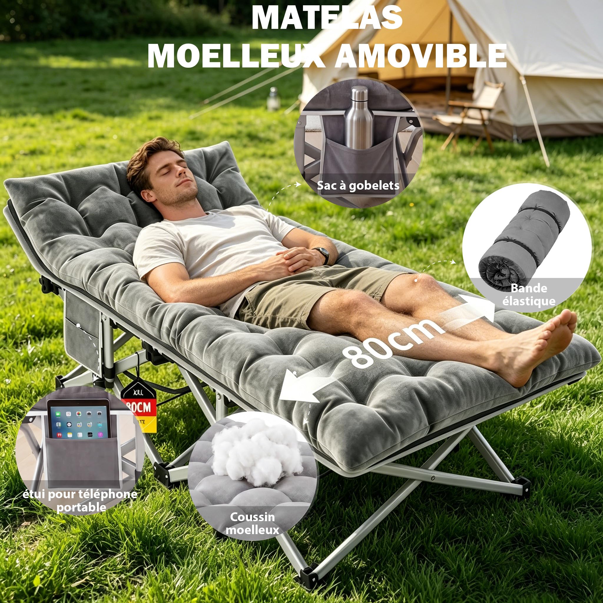 Lit de Camp Pliable Adultes avec Matelas XXL 190 x 80 x 37 cm - lit de Camping Pliant 2 Personnes - Charge Jusqu'à 308 kg - Lit d appoint 1 Personne pour Invités, Bureau ou Voyage