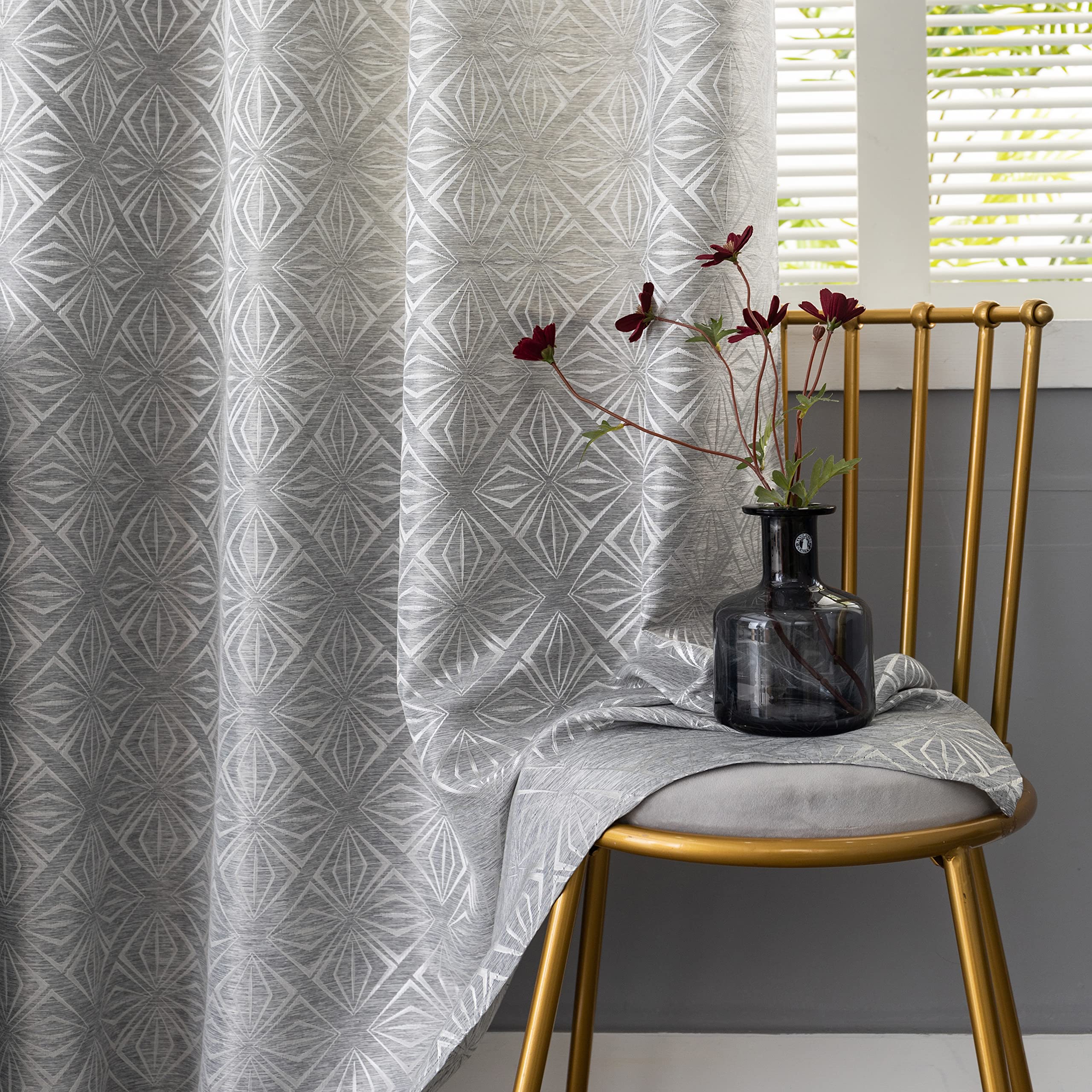 GIRASOLE HOME Coppia Tende Jacquard Semi Oscuranti Fantasia Rombi Tenda Filtrante per Soggiorno Camera e Interni 2 Pannelli con Occhielli (140x235cm, Grigio)