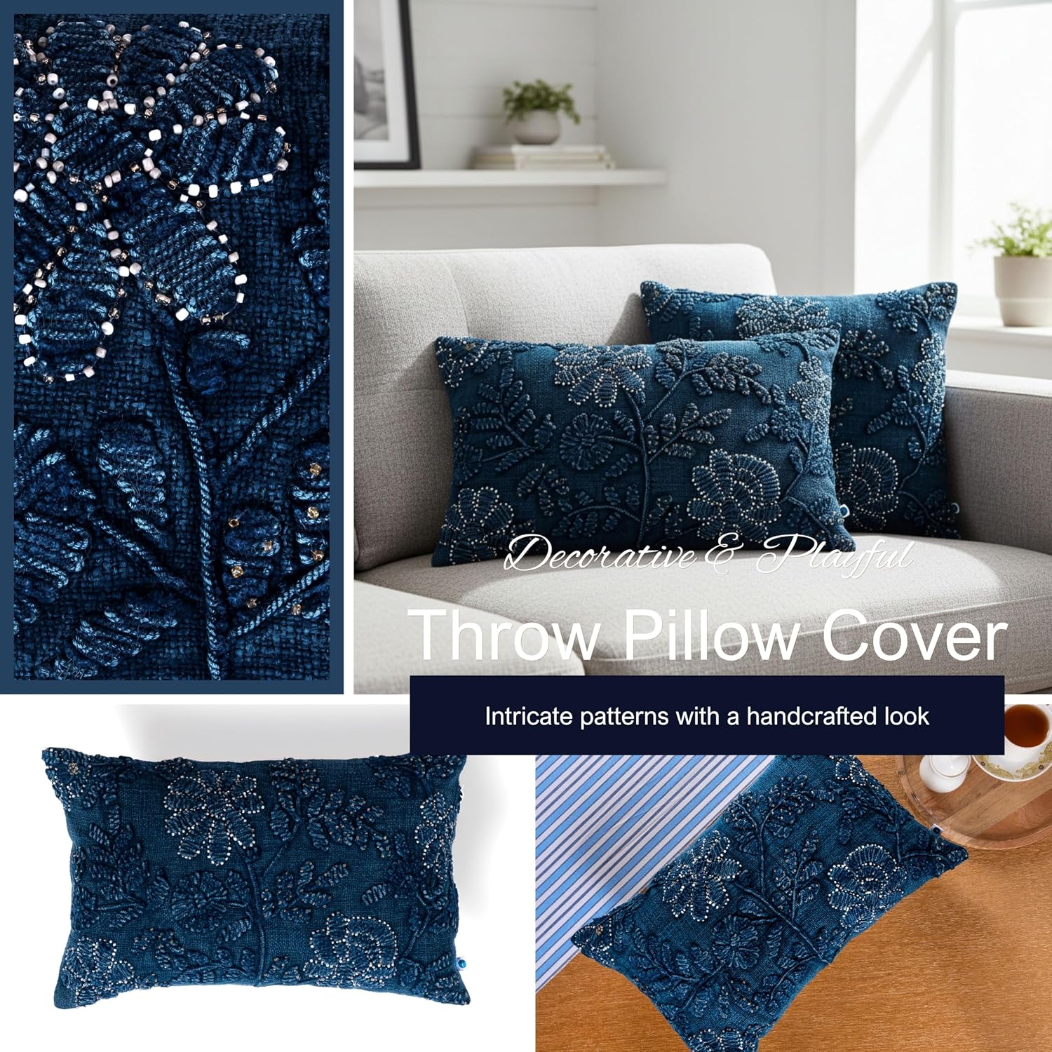 FINGERCRAFT Decorative Throw Pillow Cover Pack of 2 Soft Cotton Embroidered Cushion Cover, Bed Couch Sofa Living Room Pillow Case 12 x 20 Inch Moonlit Garden