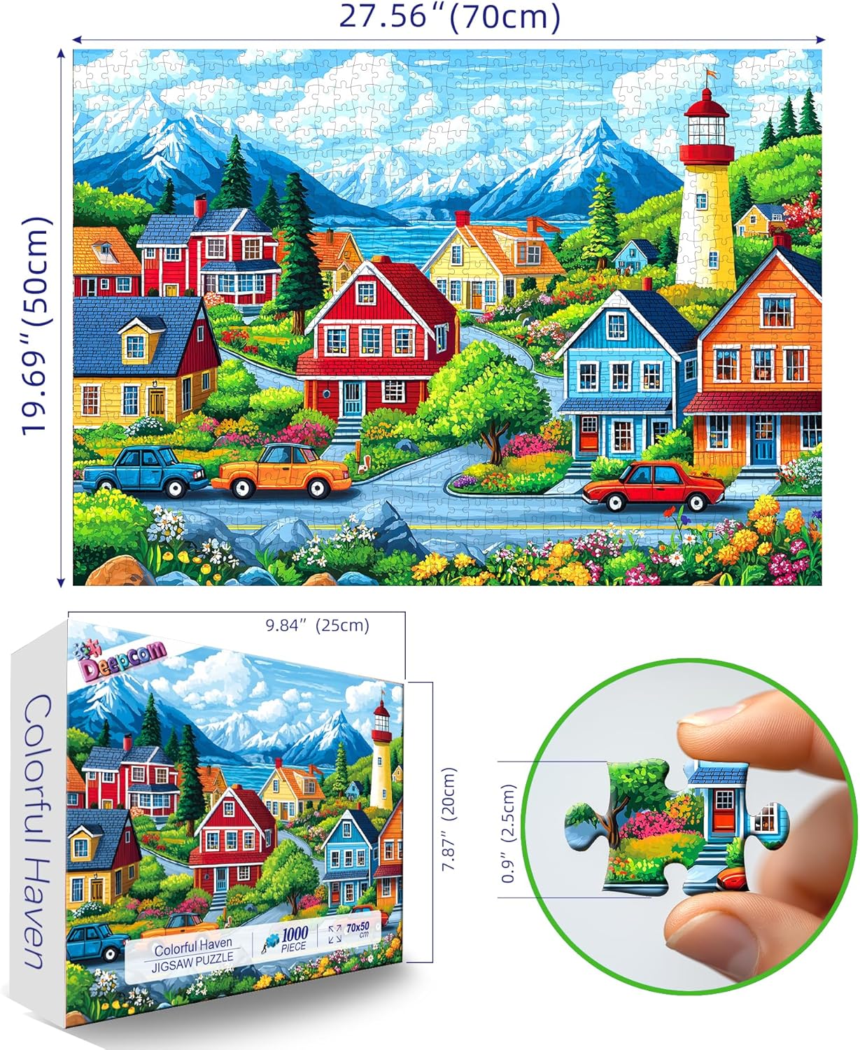1000 Piece Jigsaw Puzzle for Adults, Coastal Village Scene with Lighthouse and Mountain View, Stress Relief & Family Bonding Game, 27.56x19.69 Inches Home Decor