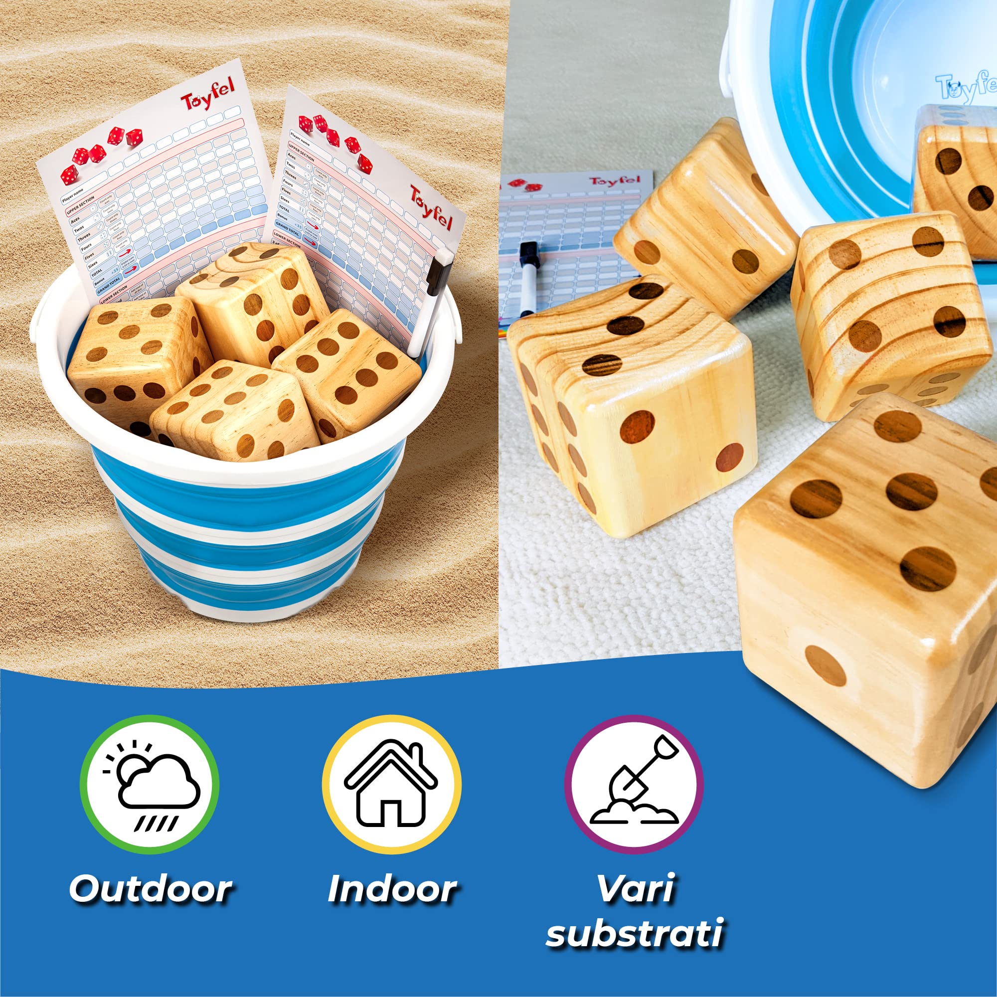 Toyfel Gioco di Dadi XXL in Legno di Pino FSC® per Bambini e Adulti | 9cm indoor e outdoor 6 giganti con scatola di trasporto incl. tabellone e matita grandezza giardino interno famiglia Chuck