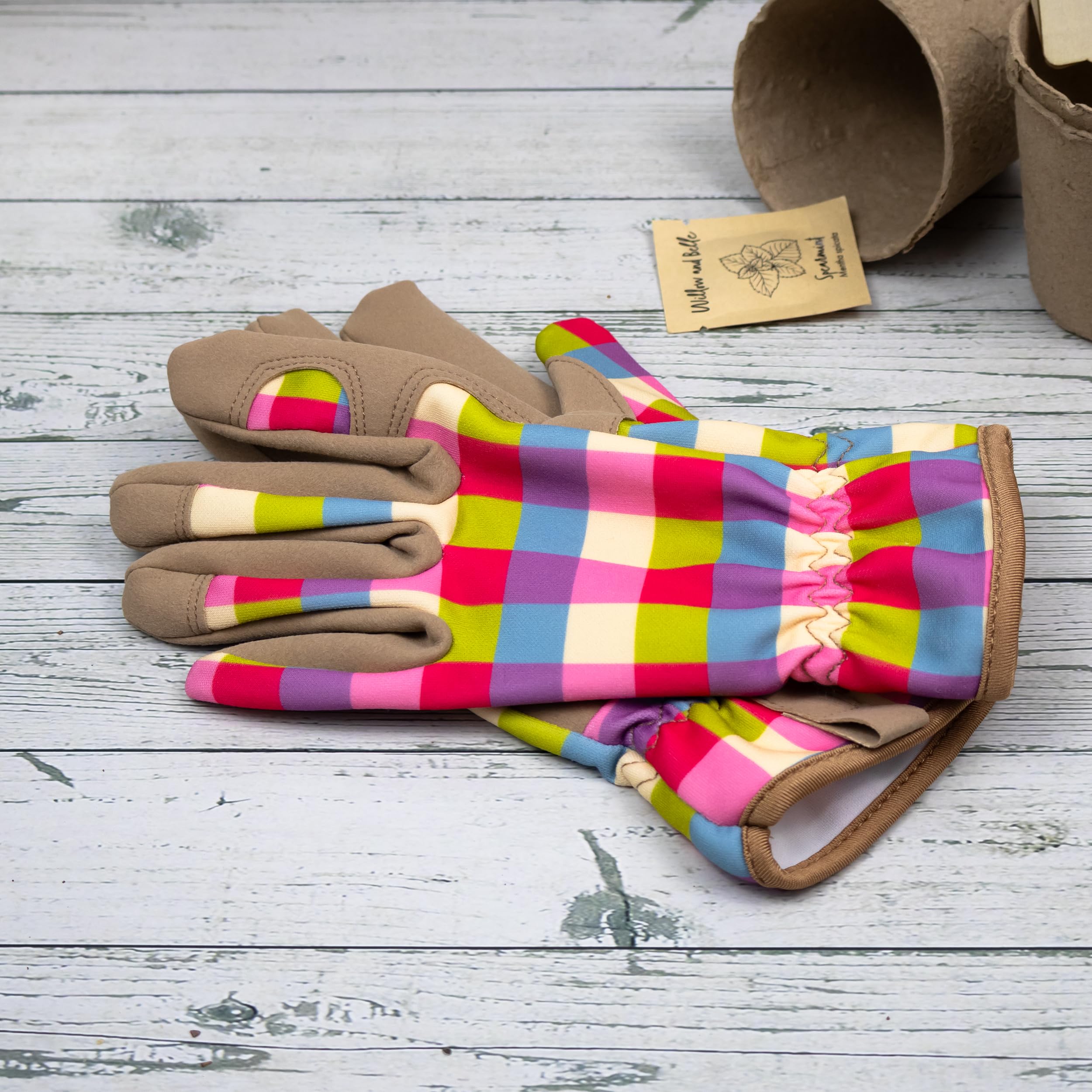 Robert Frederick Guantes de jardinería para mujer, talla única, diseño de cuadros rosados, acolchados con puños elásticos