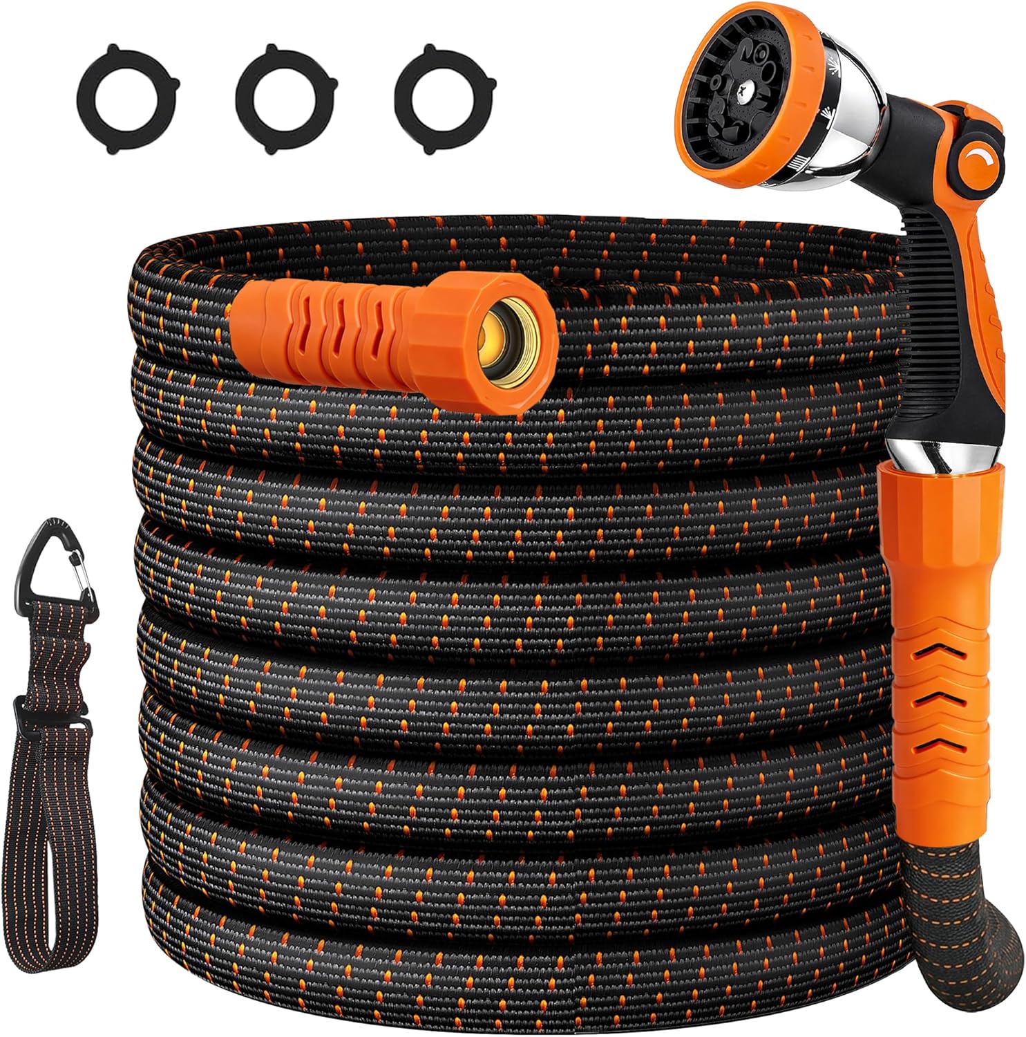 50FT Lightweight Flexible Garden Hose w/ 10 Function Nozzle, Triple Latex Tubing Elastic 2X Water Hose,3/4 Inch Portable,Kink-Free,for Garden, RV, Boat,Car,Yard,Outdoor (Orange-Black, 50 Feet)