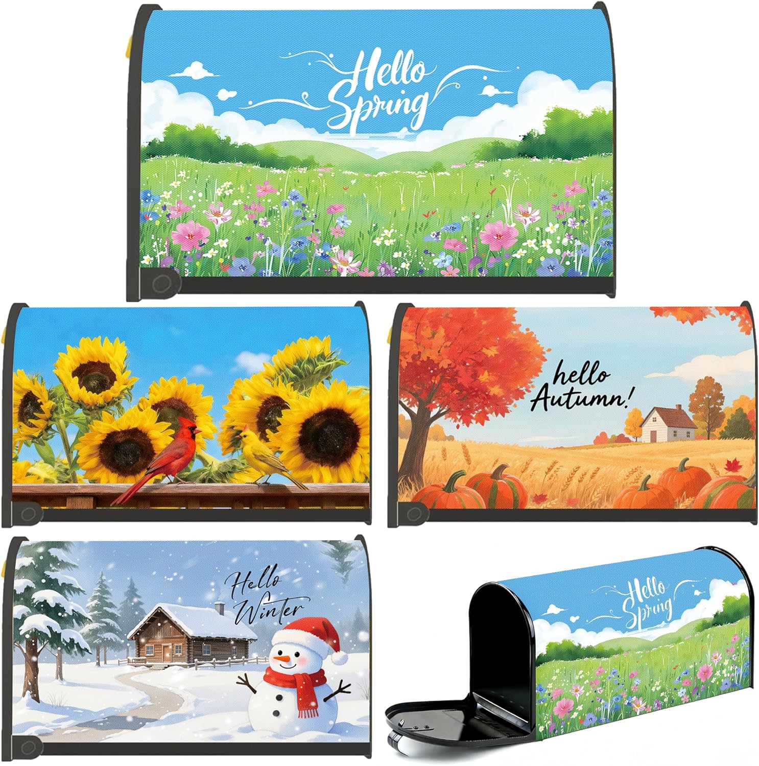 4 Pcs Seasonal Mailbox Covers Magnetic Standard Size 18 x 21 Inch Hello Spring Summer Autumn Winter Magnetic Mailbox Covers Wraps for Holiday Garden Yard Home
