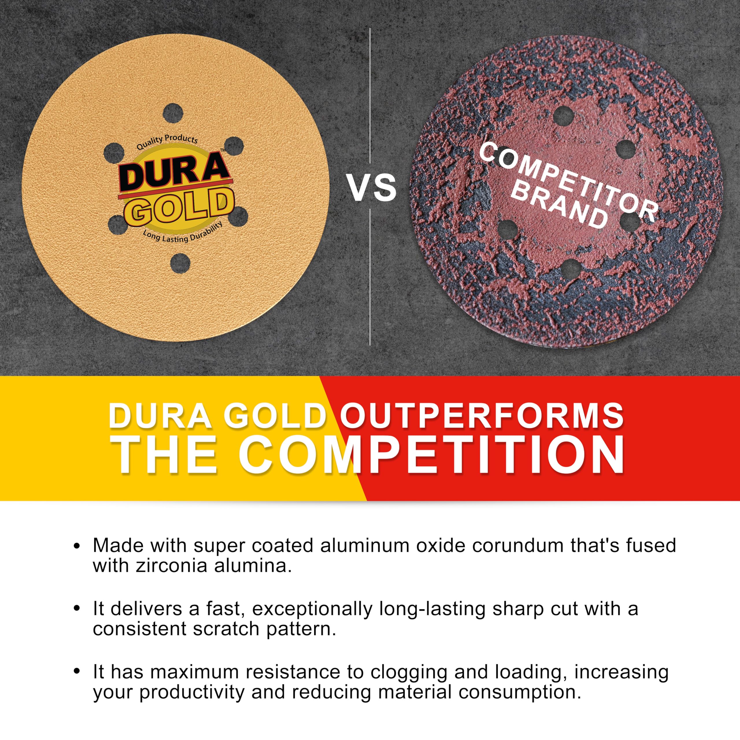 Dura-Gold - Premium - Discos de lija de 6 agujeros para lijadoras DA de grano 60 de 6 pulgadas dorados, con gancho y bucle, caja de 24 discos de acabado de papel de lija para automoción y carpintería
