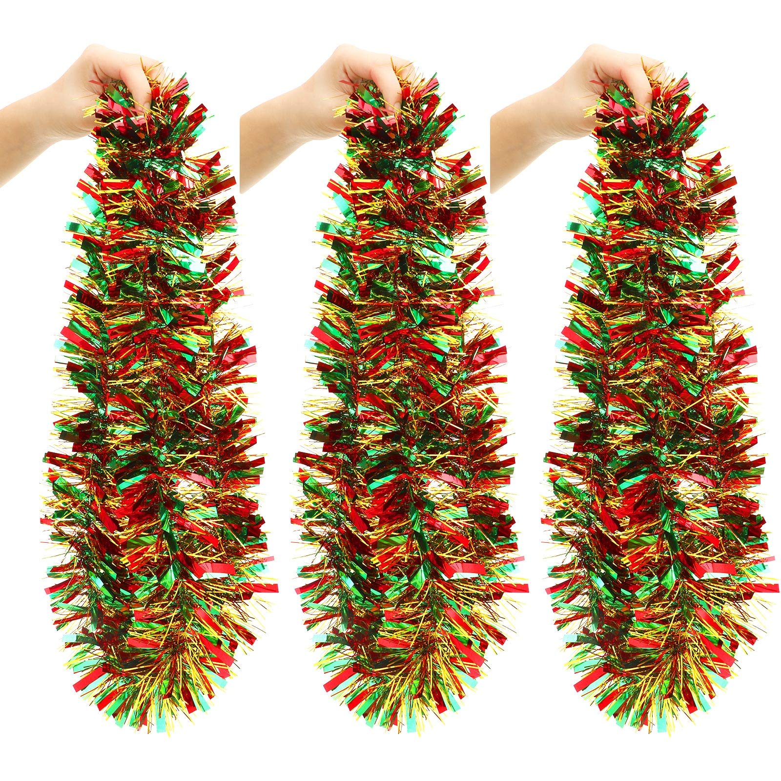 WILLBOND 6 Rolls Tinsel Garland Christmas Tree Decorations Mixed Color Hanging Garland Metallic Glitter Streamers for Wedding Birthday Home Party Decoration, 12 Meters Total (Red Green Gold)