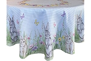 Newbridge Easter Bunny Meadow Blue Gingham Rabbit Bordered 70” Round Tablecloth
