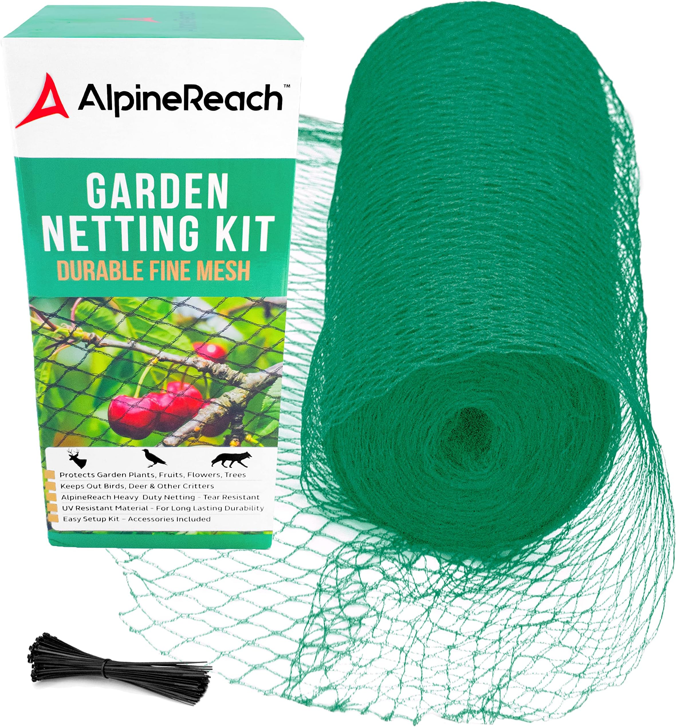 AlpineReach Garden Kit 2m x 20m Protect Plants Fruits Flowers Trees-Green Woven Mesh Heavy Duty-Stretch Fencing Durable Net with Cable Ties Fine Cover Gift Box Stops Birds Deer Animals