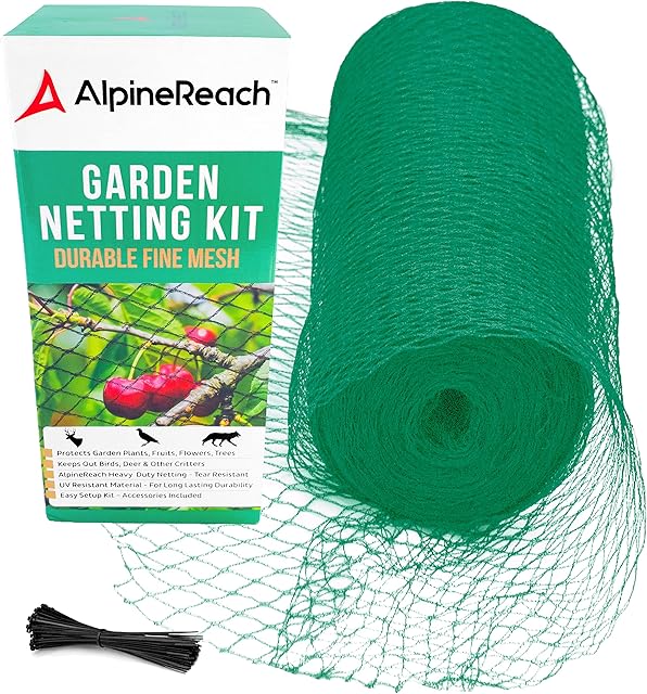 AlpineReach Garden Netting Extra Strong Woven Mesh Bird Netting Heavy Duty Kit 2m x 20m - Protect Plants & Fruit Trees Against Animals & Deer Fencing Protection Green - Reusable with Cable Ties