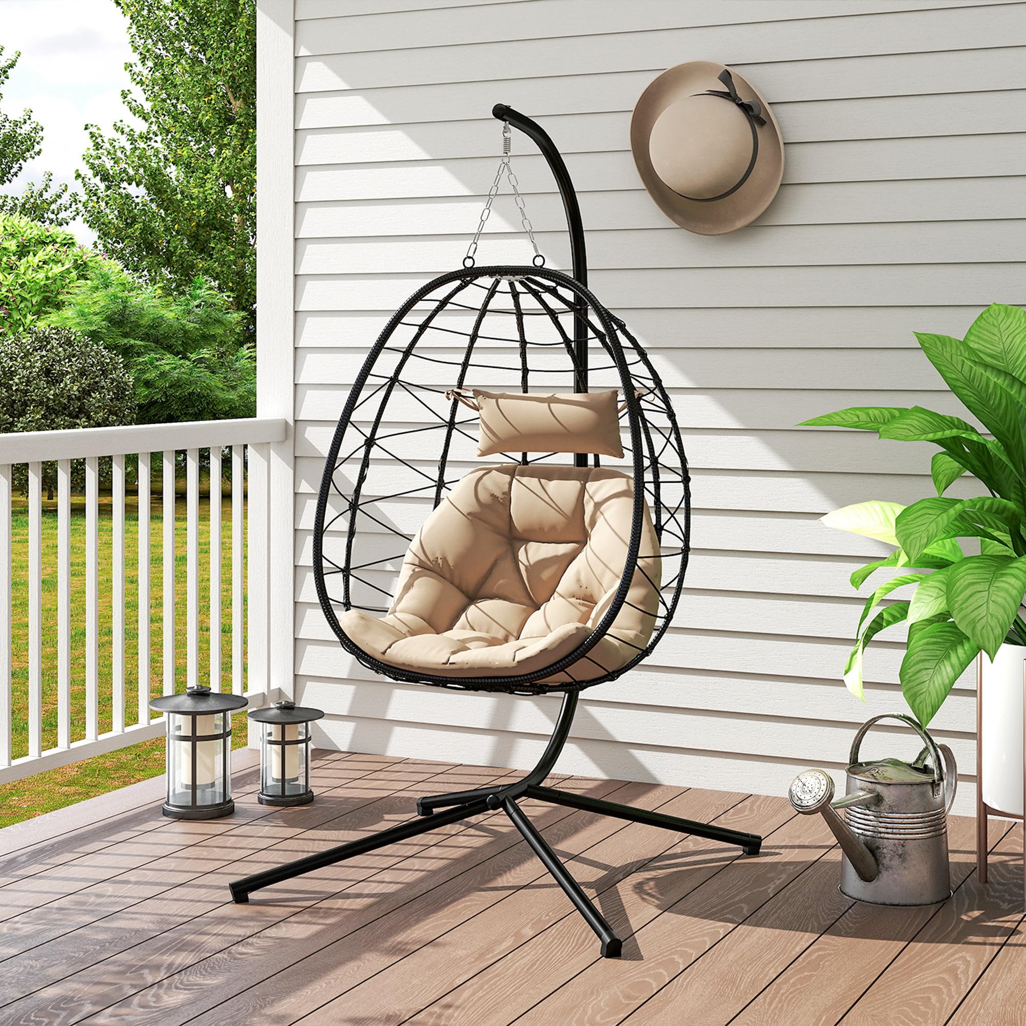 Outsunny Silla Colgante Huevo con Soporte Columpio Jardín Exterior con Cesta Plegable Cojín y Reposacabezas Columpio Colgante para Interior y Exterior Carga 120 kg Caqui