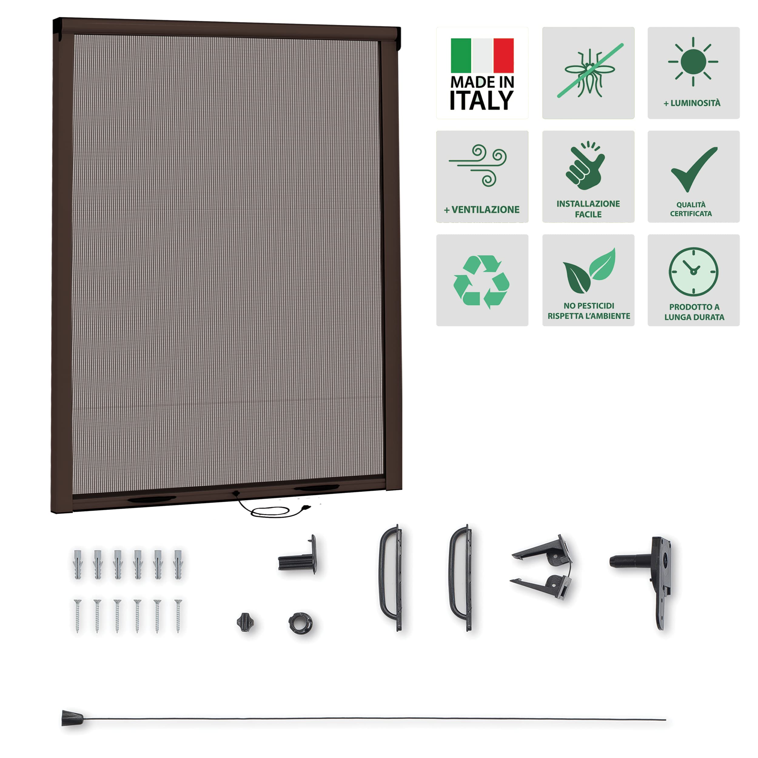 Zanzariera Finestra A Rullo Scorrevole e Riducibile In Alluminio Verniciato - Istruzioni e Accessori Inclusi (120x170 con frizione, Marrone)