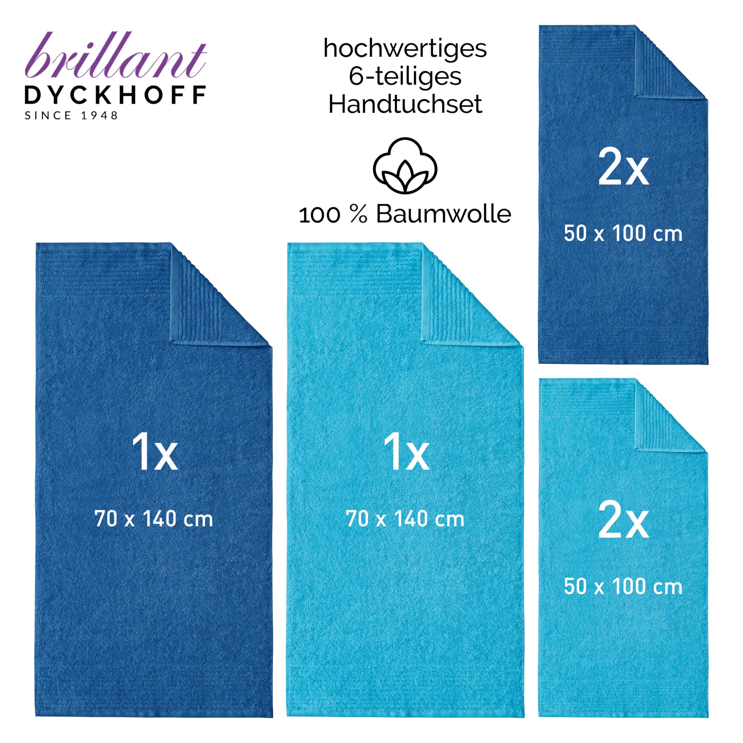Dyckhoff Handtuchset "Brillant", 2 Badetücher / Duschtücher 70 x 140 cm und 4 Handtücher 50 x 100 cm, 6-teilig, blau / türkis