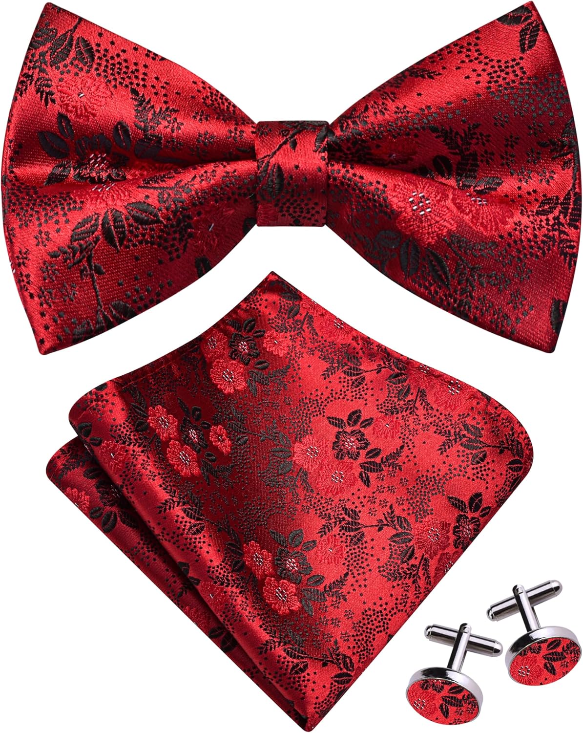 GUSLESON Mens Floral Bow Tie Handkerchief Jacquard Woven Adjustable Pre-Tied Bowties Pocket Square Cufflinks Set