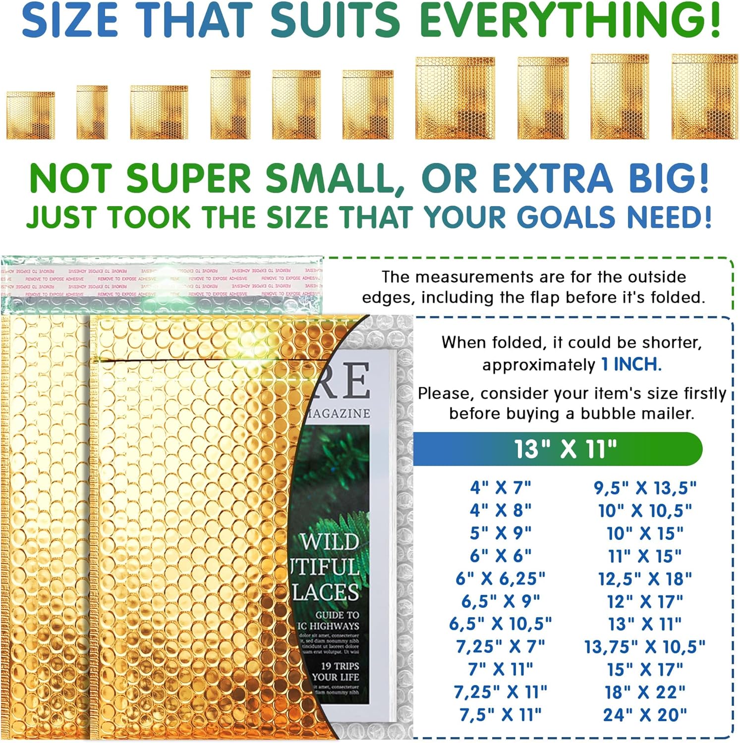 ABC PACK & SUPPLY Metallic Bubble Mailers 13 x 11 Inch Gold, Self Seal Closure, 3/16 Inch Cushioning, Padded Shipping Envelopes, Pack of 50