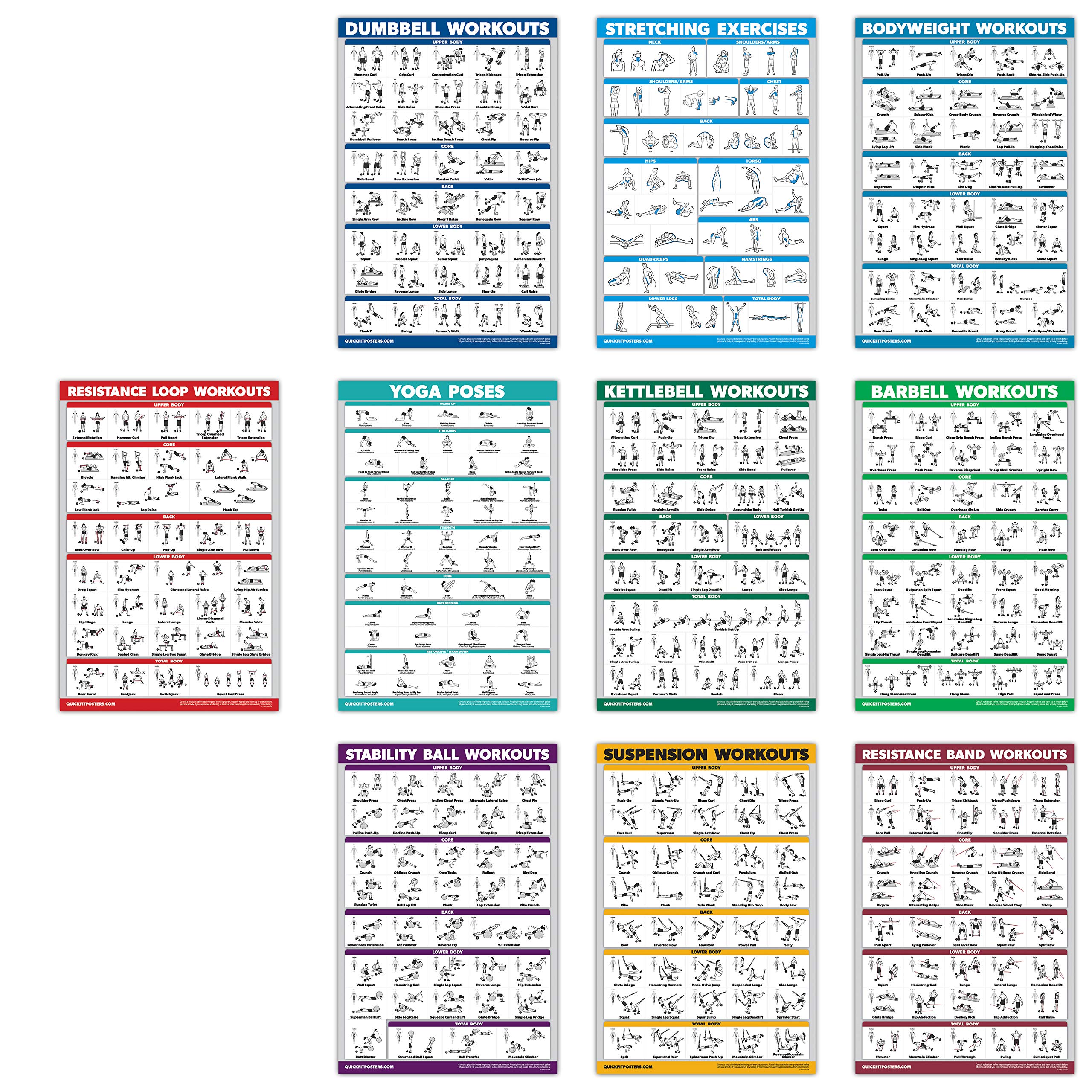 QuickFit 10 Pack - Exercise Workout Poster Set - Resistance Loops, Dumbbell, Suspension, Kettlebell, Resistance Bands, Stretching, Bodyweight, Barbell, Yoga Poses, Exercise Ball 18" x 27"