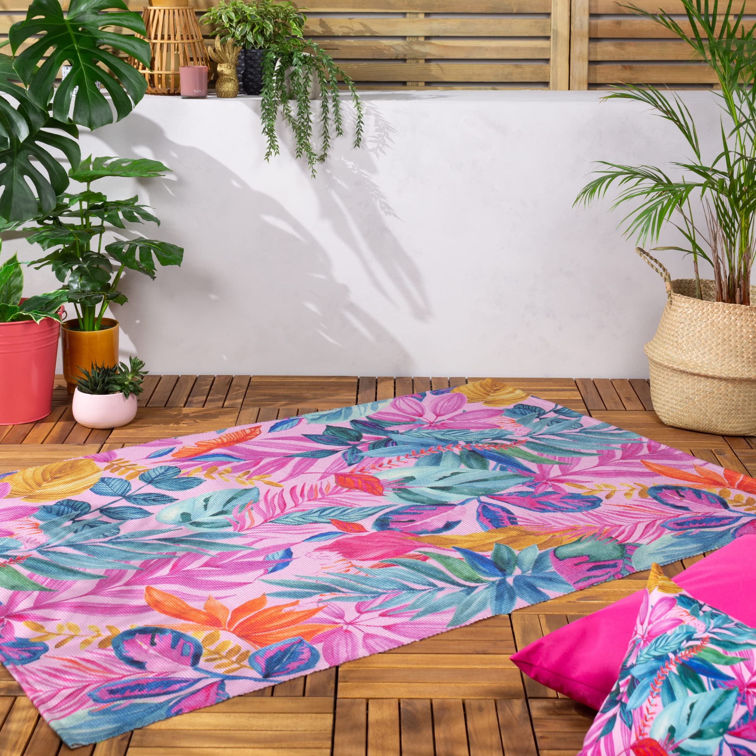 Furn. Pink Psychedelic Jungle Outdoor Washable Rug – Digitally Printed Tropical Floral Polyester Flatweave ( – 120X170cm)
