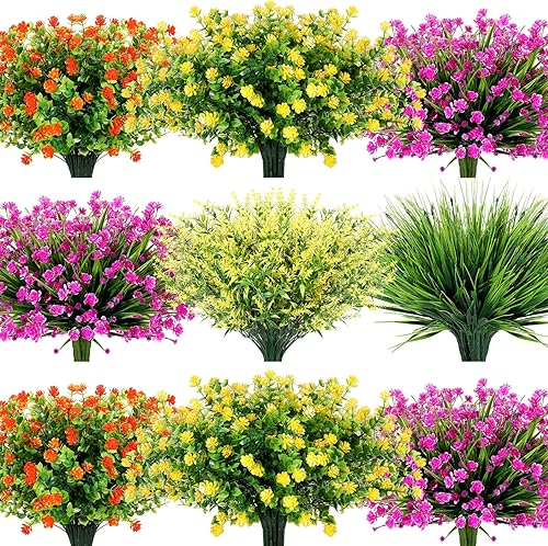 Tigeen 36 paquetes de flores artificiales para exteriores, resistentes a los rayos UV, no se decoloran, flores de plástico falsas, arbustos