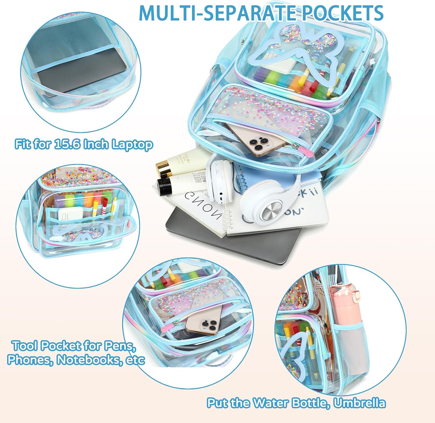 Clear Backpack for School,Large Bookbag Heavy Duty See Through Butterfly Backpacks for Girls Stadium Approved Daypack Transparent Shoulder Bags for Students,Teens,Women,Work,Travel,Concert Blue - Image 5