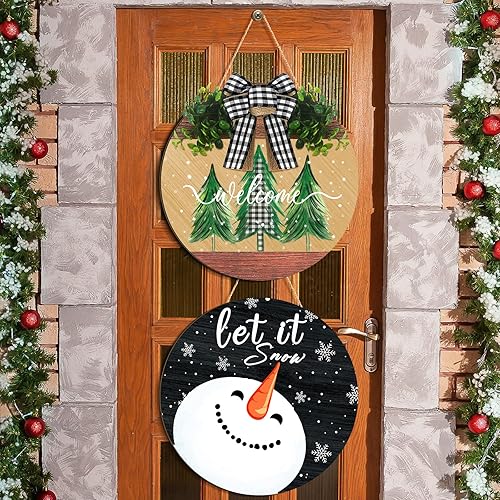 Boao 2 piezas de decoración de puerta de Navidad de invierno, colgador de puerta de madera rústica, decoración de puerta delantera, letrero de Feliz