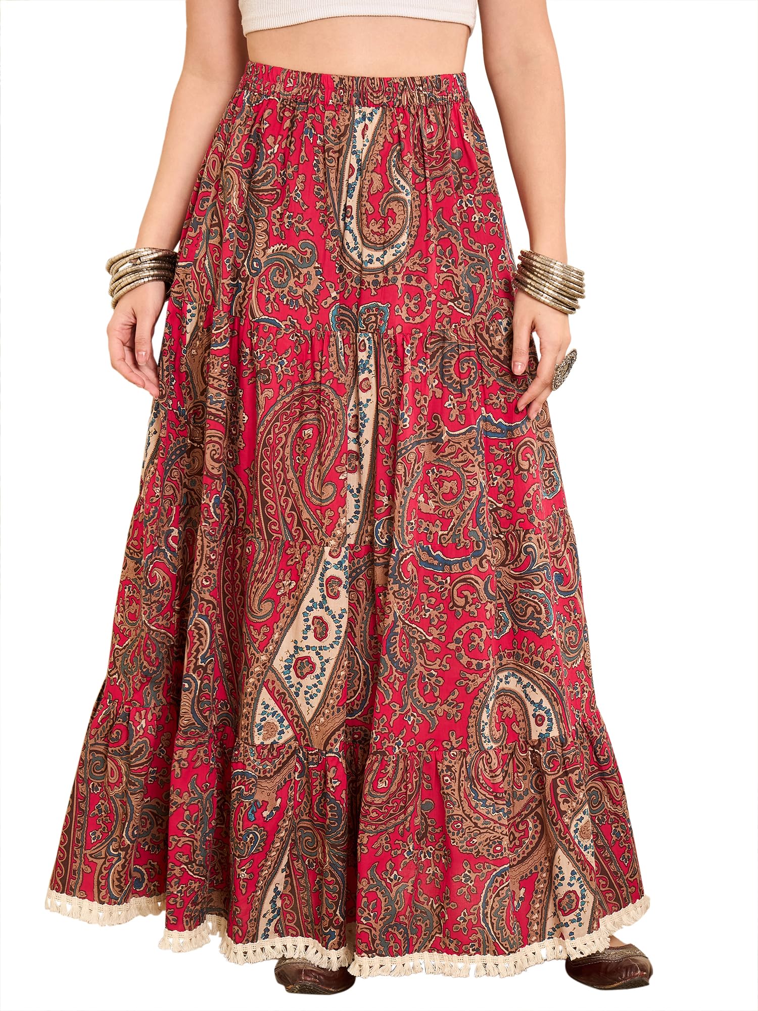 winered Women Pink Cotton Paisley Printed Lace Long-line Skirt-picture-32