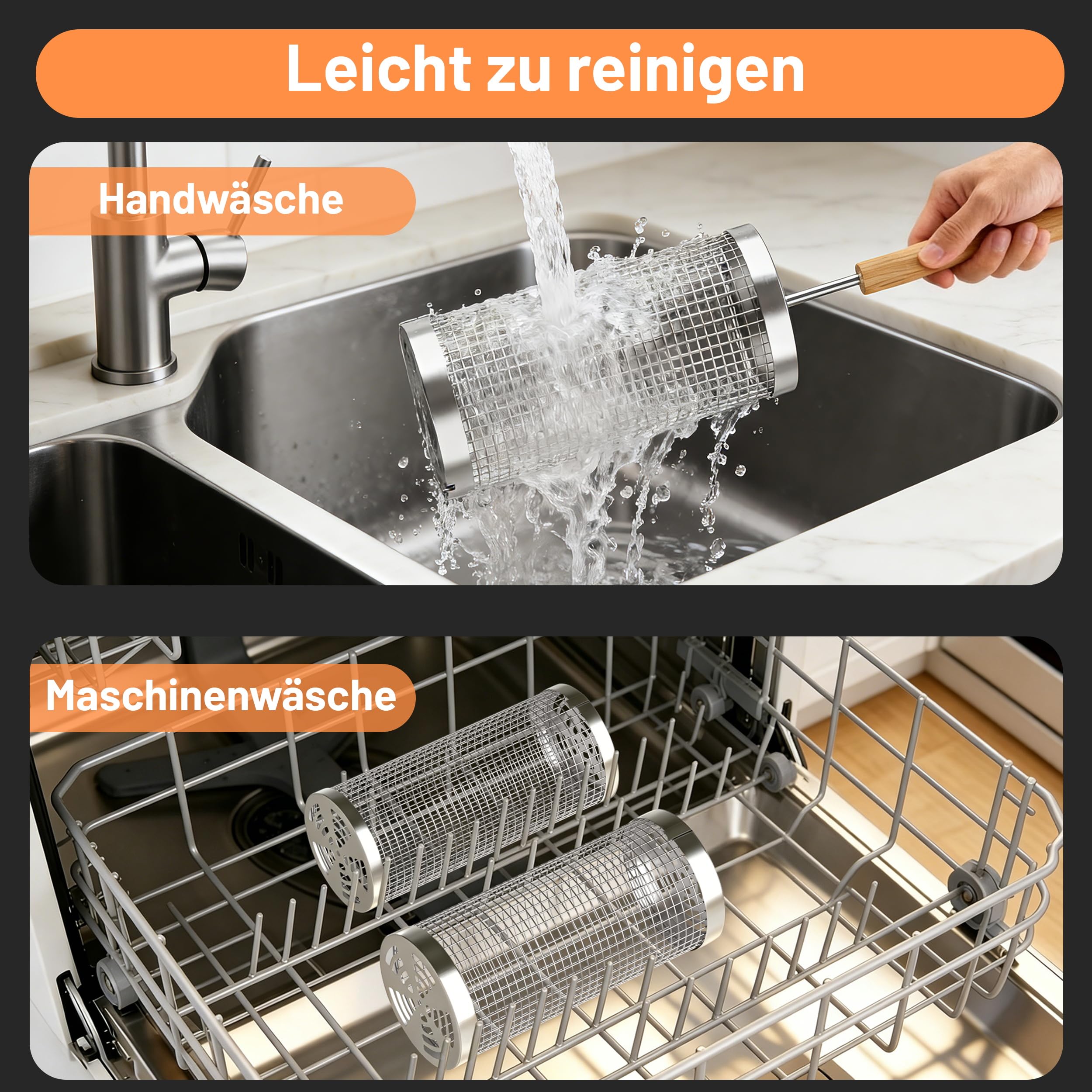 KEYO GRILL Rollender Grillkorb - 2 Stück Grillzubehör mit Abnehmbarem Holzgriff & 2 Korböffnern, Nestbares Grillnetz aus Edelstahl 304 für Gemüse, Geschenke für Männer