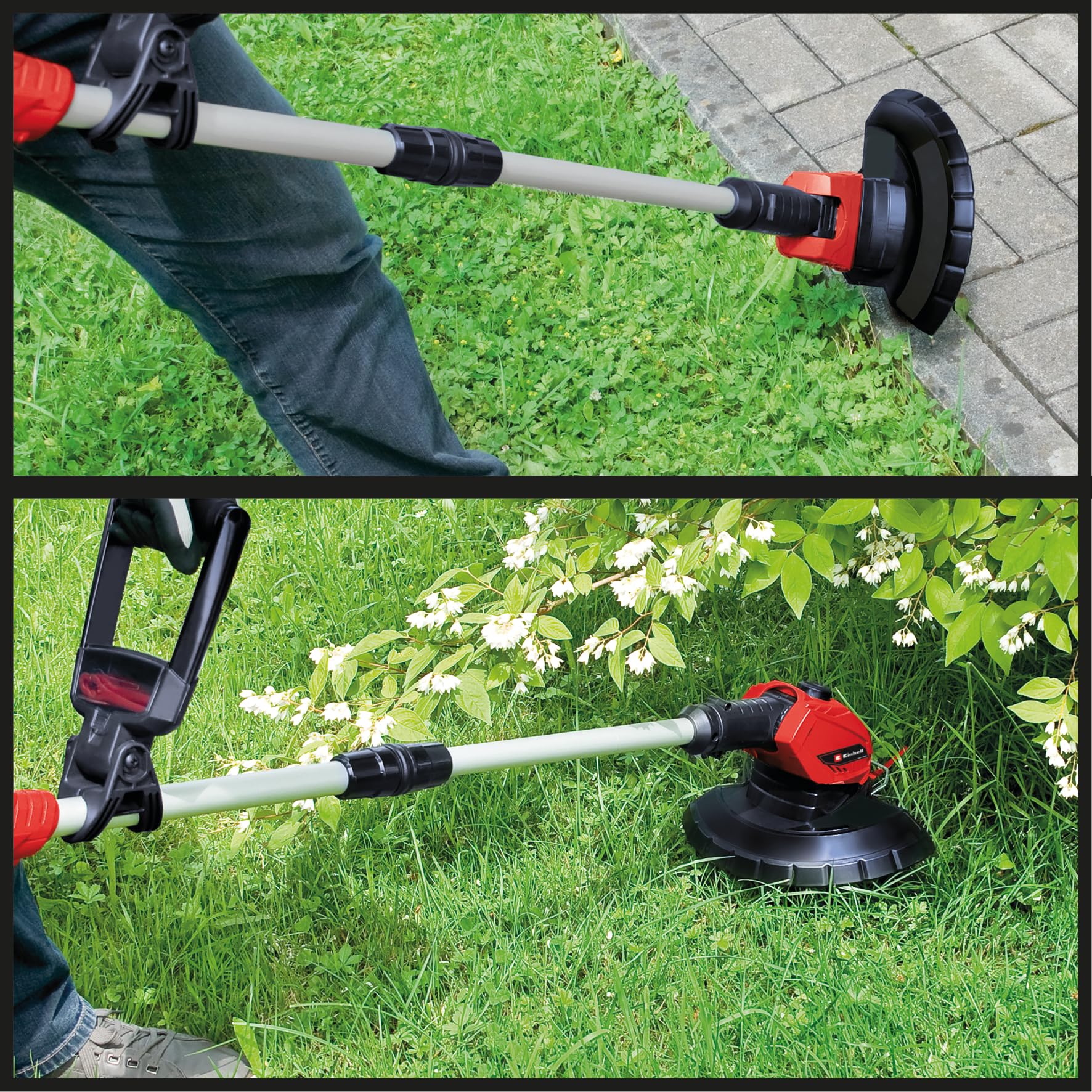 Einhell Recortadora con batería GE-CT 18 Li (1 x 2,5 Ah) Power X-Change (18 V, Cabezal de Motor Giratorio + inclinable, Flowerguard, Incl. 20 Cuchillas de plástico y batería de 2,5 Ah + Cargador)
