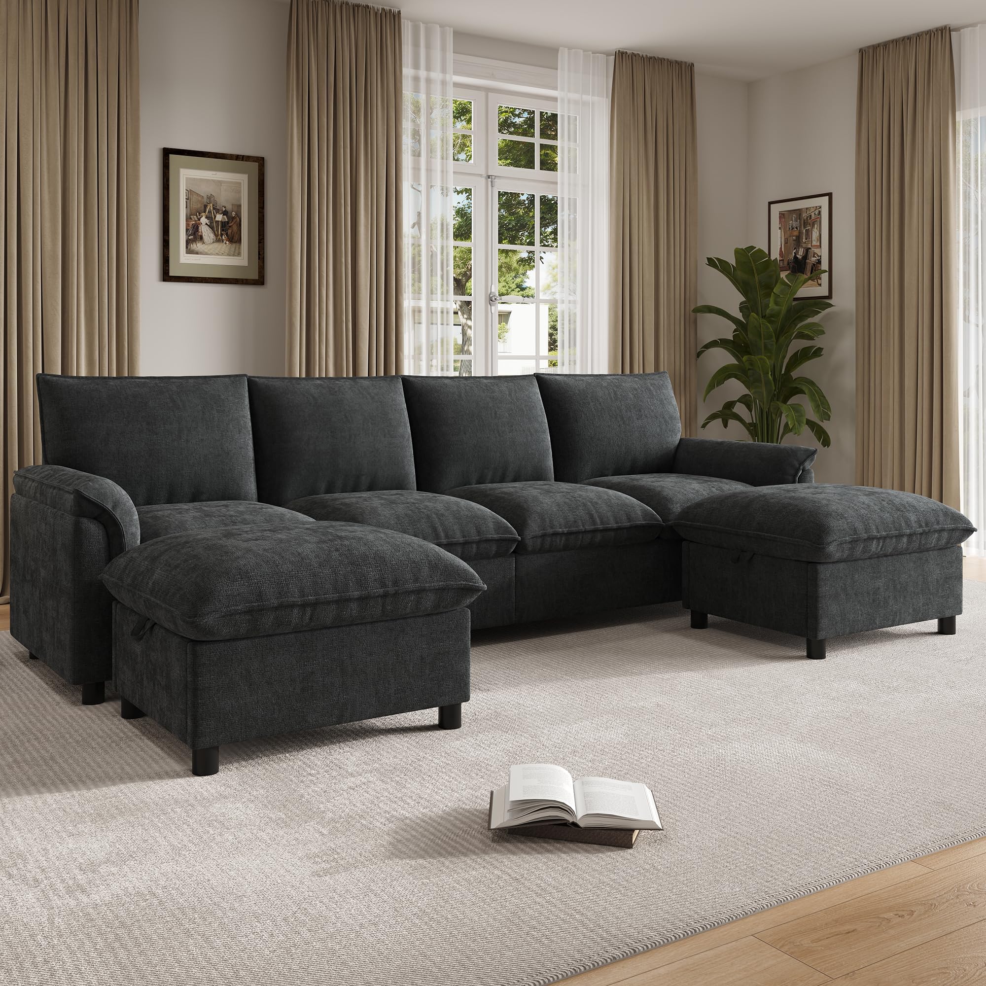Merax Modulares Cloud-Sofa U-Form 265cm, Gemütliche Wohnlandschaft mit 2 Stauraum-Hockern, Bequemes Ecksofa mit tiefer Sitzfläche, Couch für Wohnzimmer, Grau