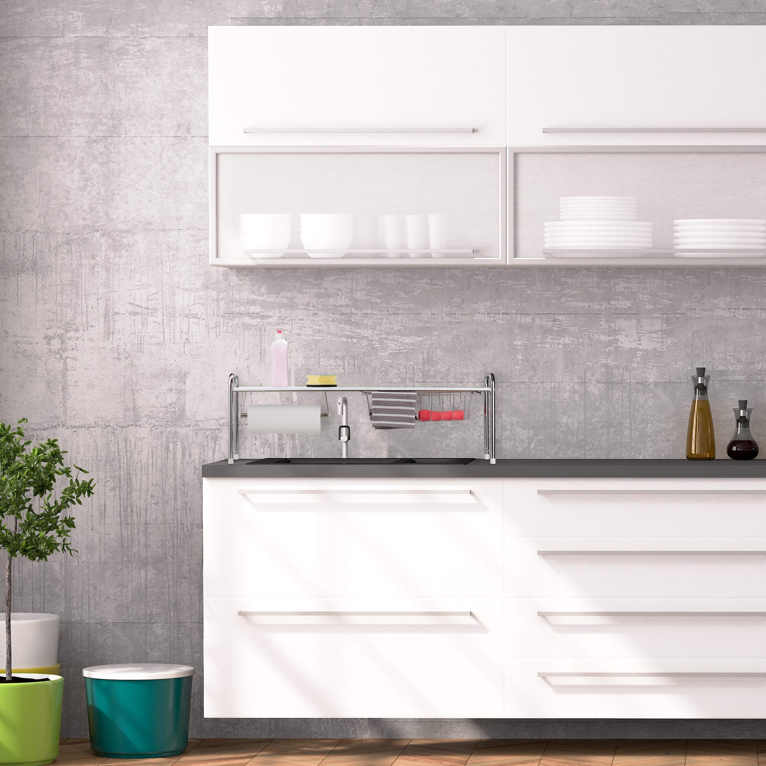 Relaxdays Estante para Fregadero, con Portarrollos, Estantería de Cocina con Cesta, Metal, 32x94x23 cm, Blanco/Plateado
