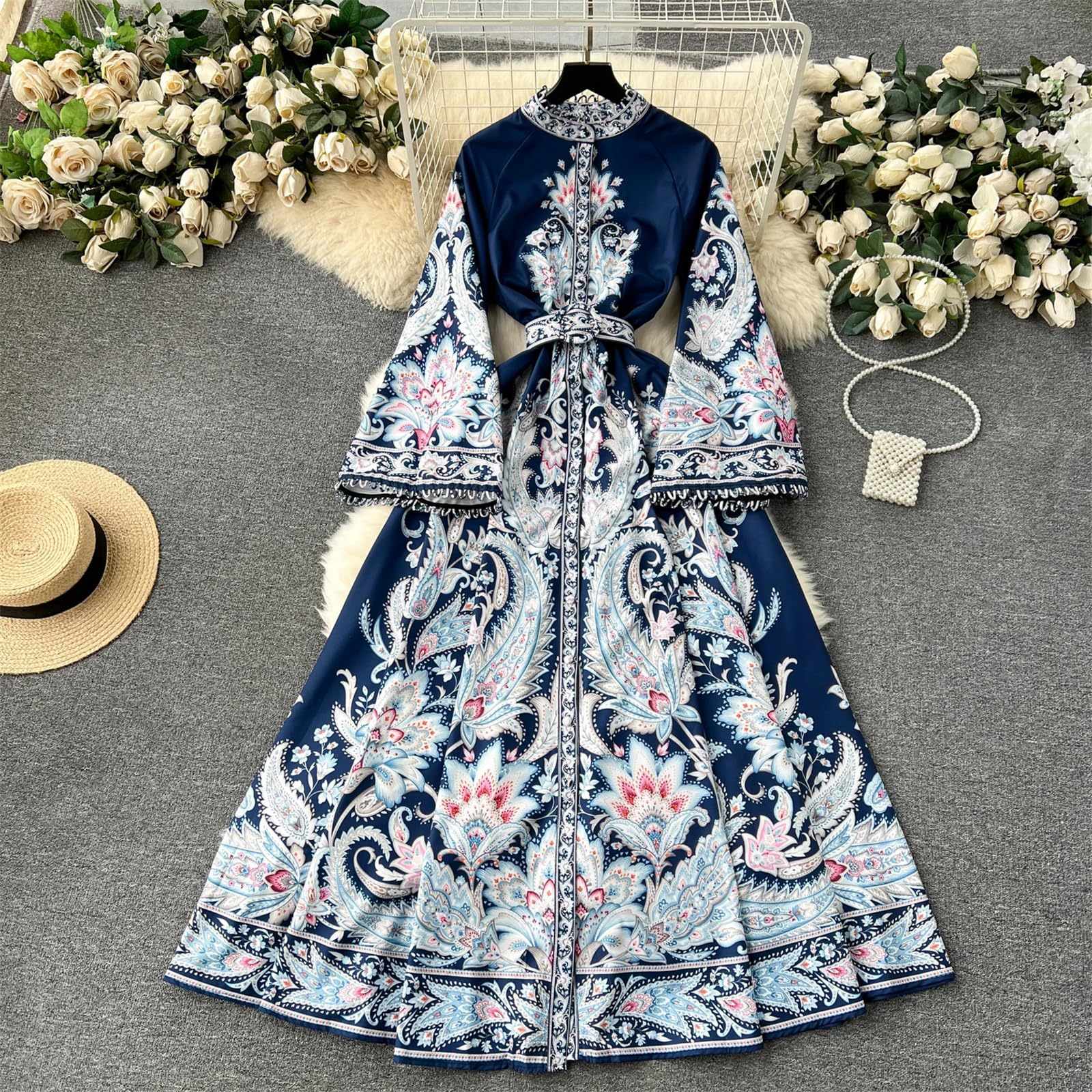 Abito Lungo Elegante da Donna con Stampa Slim A Vita Alta, Collo alla Coreana, Manica Svasata, Vita Alta, Slim